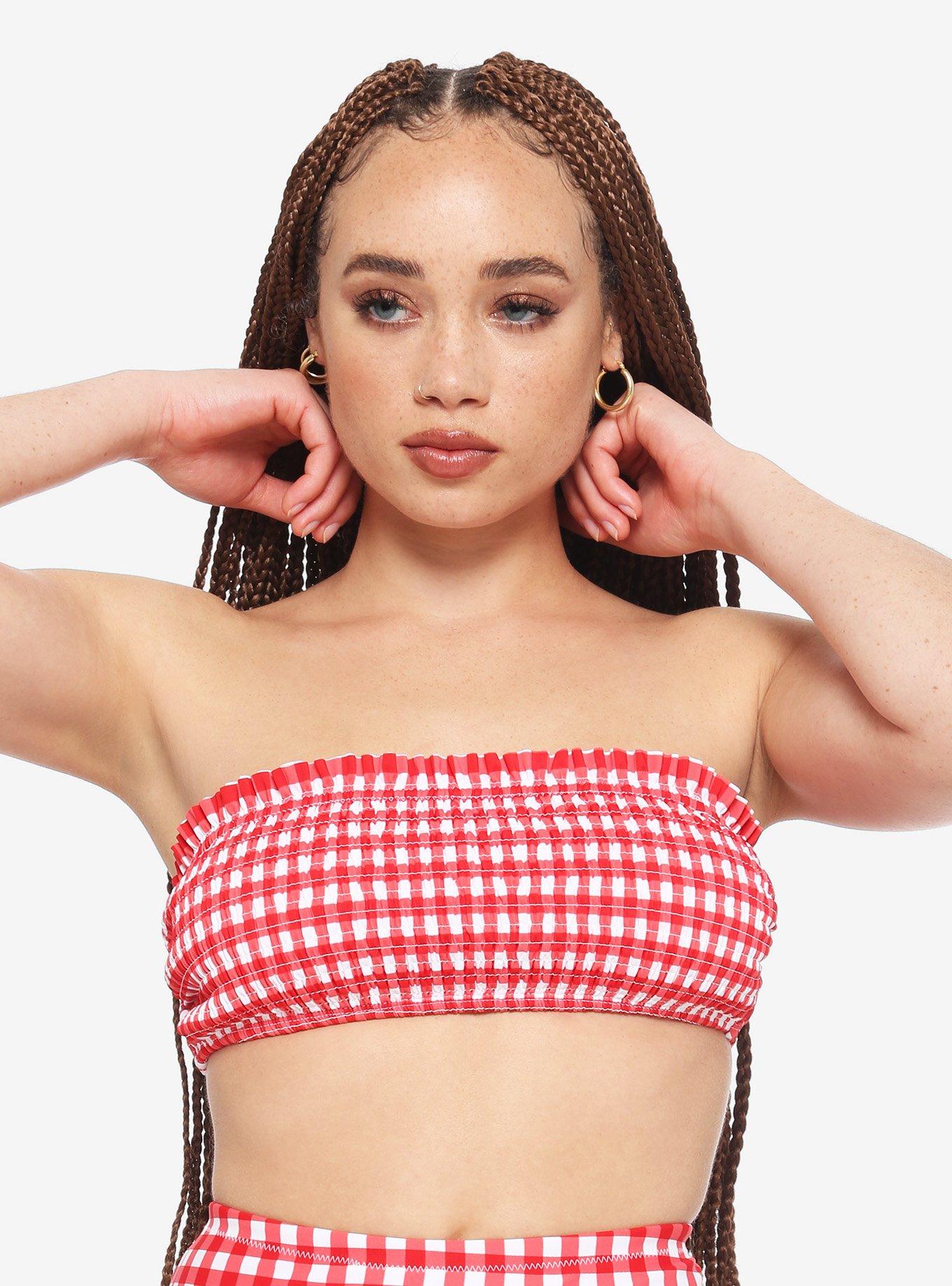 Red & White Gingham High-Waisted Swim Bottoms, RED, alternate