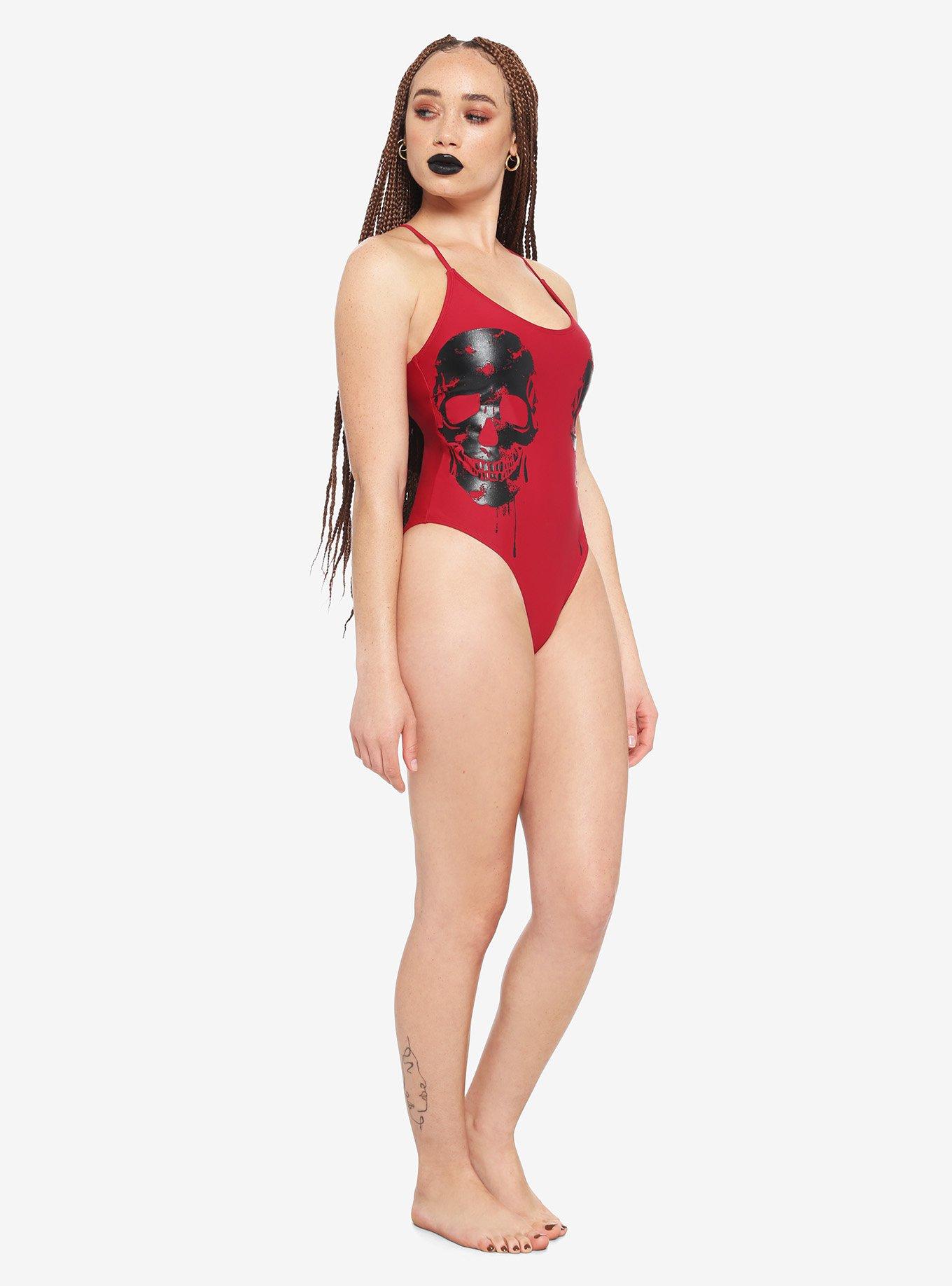 Burgundy Skull Crisscross Swimsuit, RED, alternate