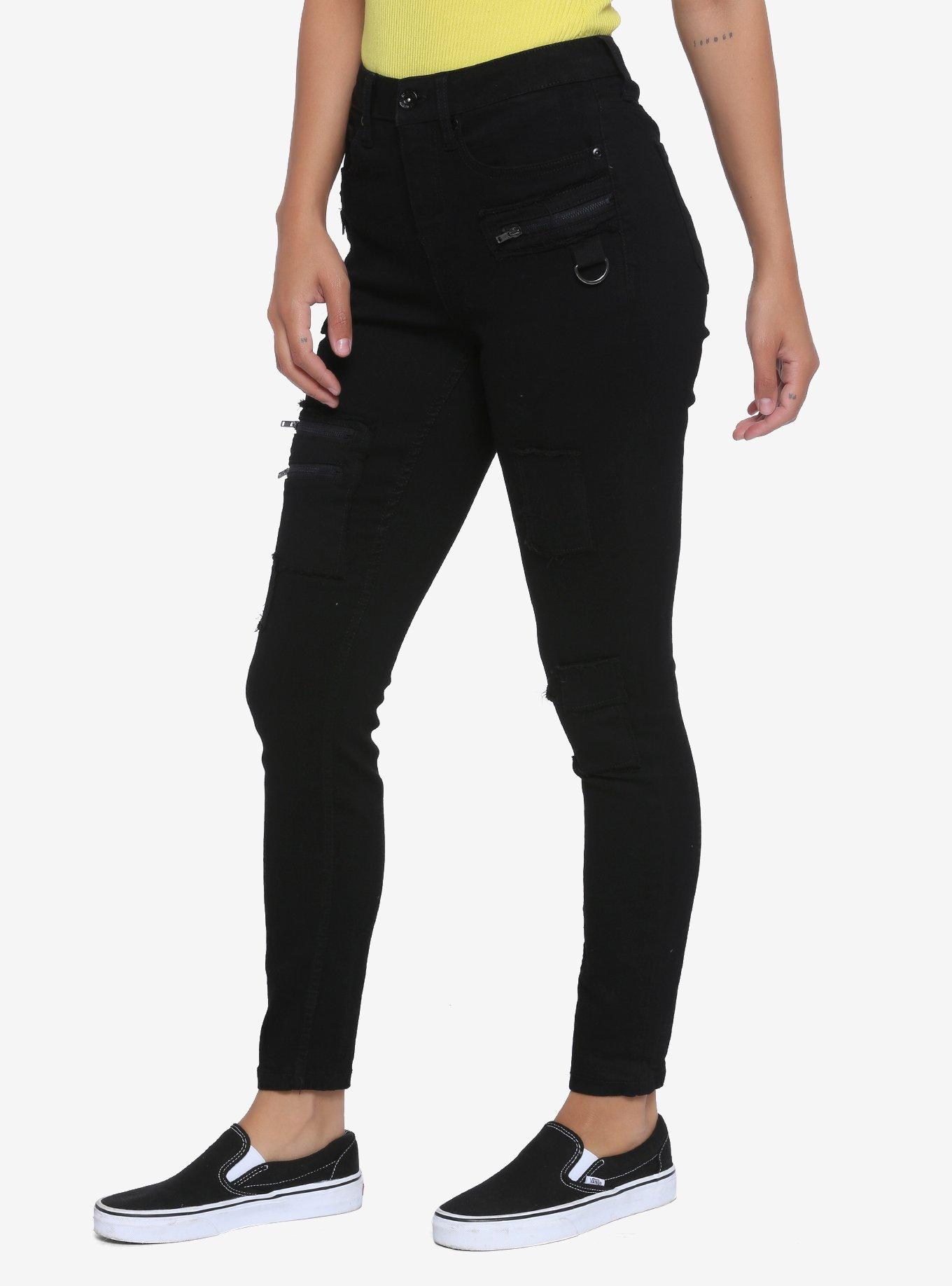 HT Denim Black Patches & Zippers Hi-Rise Super Skinny, BLACK, alternate