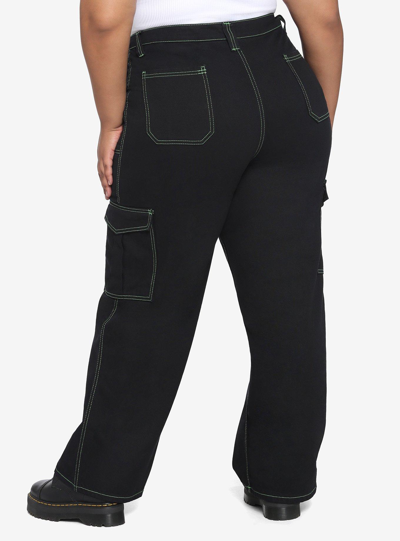 HT Denim Black & Green Stitch Hi-Rise Carpenter Pants Plus Size