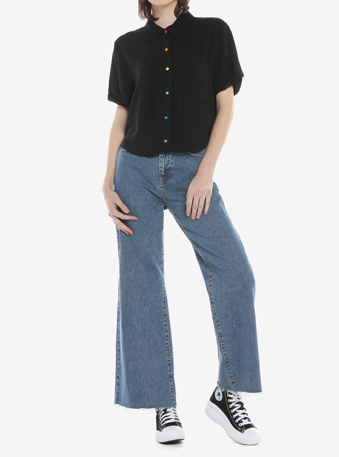 Rainbow Heart Buttons Girls Crop Woven Button-Up, BLACK, alternate