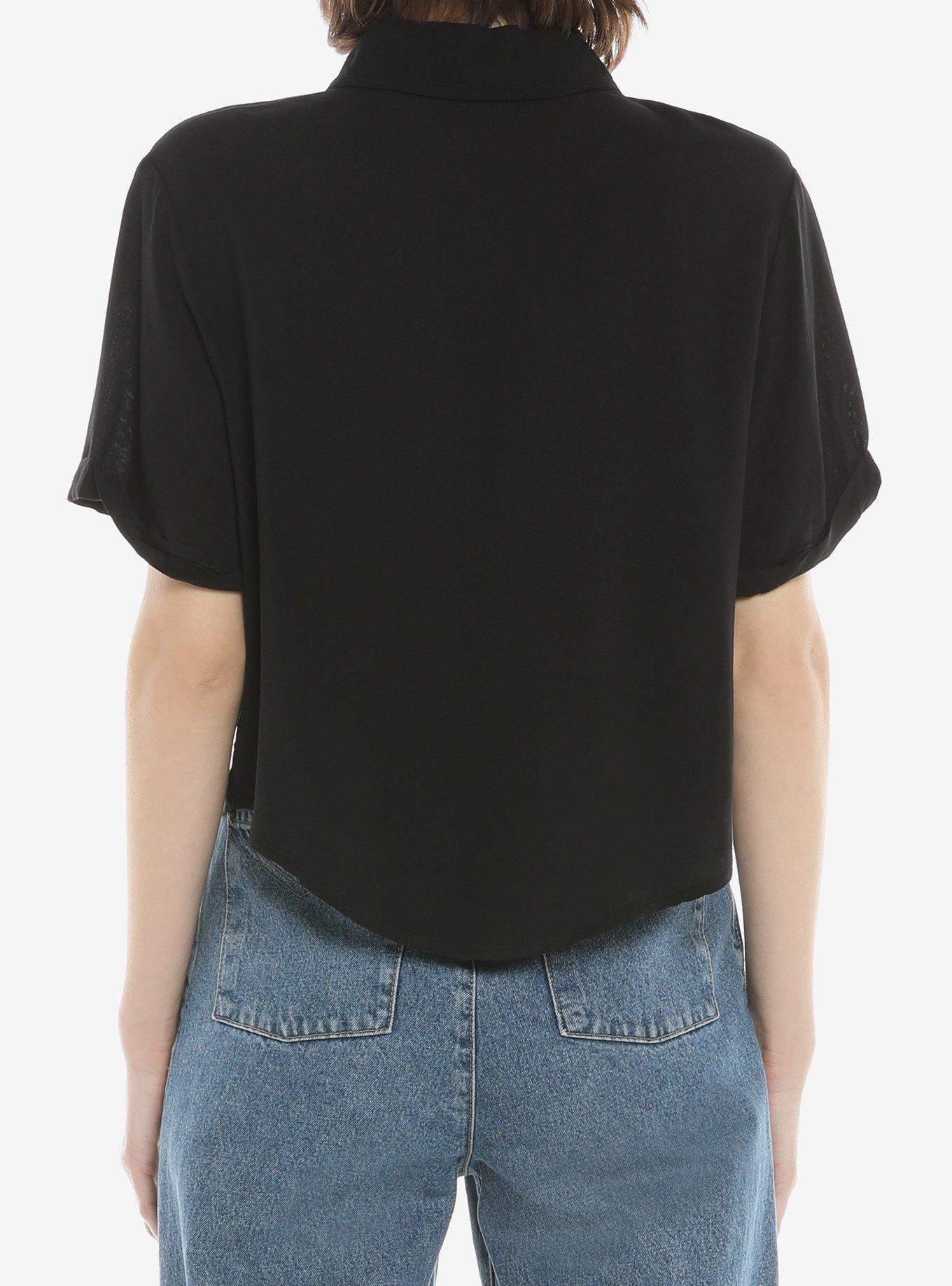 Rainbow Heart Buttons Girls Crop Woven Button-Up, BLACK, alternate