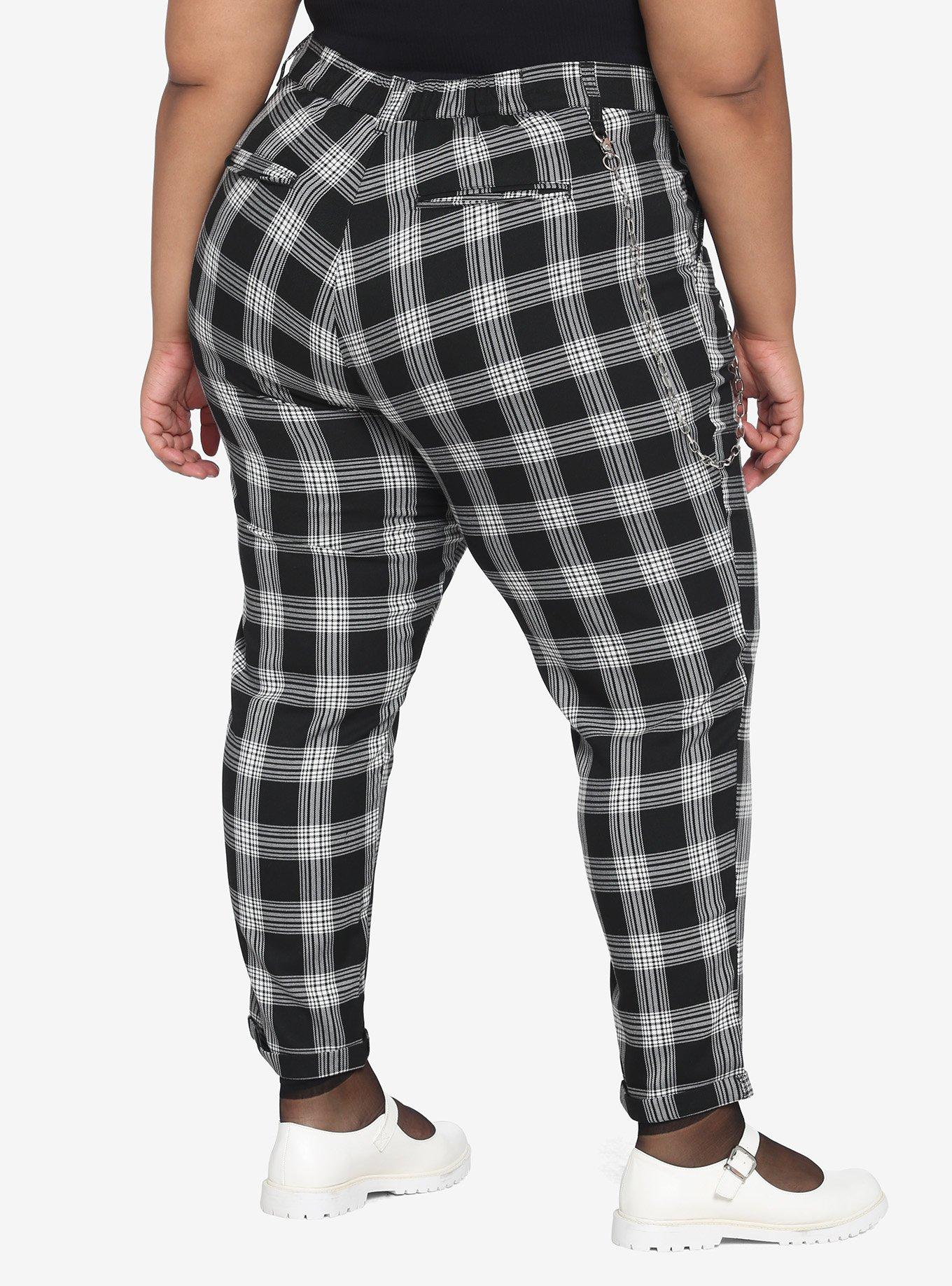 Black & White Plaid Pants With Detachable Chain Plus Size, PLAID, alternate