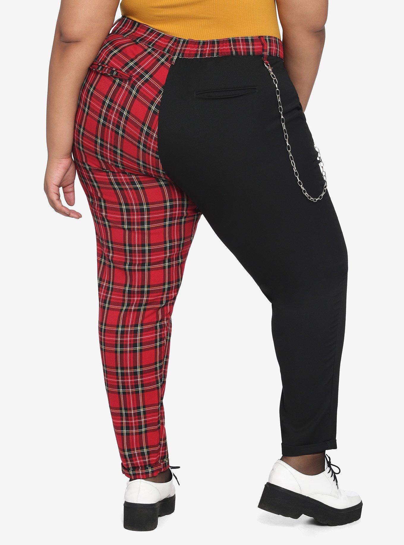 Black & Red Plaid Split Leg Pants With Detachable Chain Plus Size, PLAID, alternate