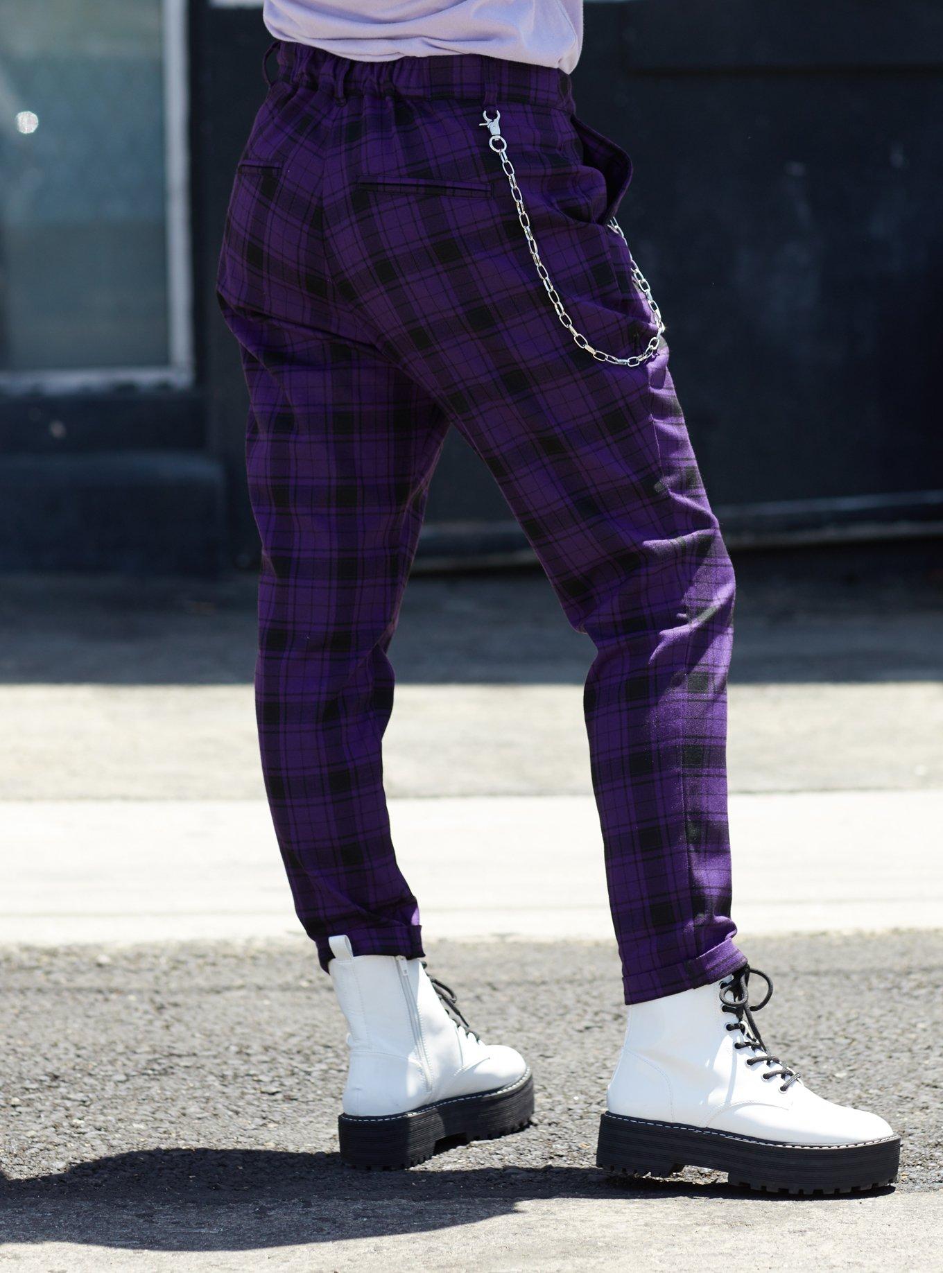 Purple Plaid Pants With Detachable Chain, PLAID - PURPLE, alternate