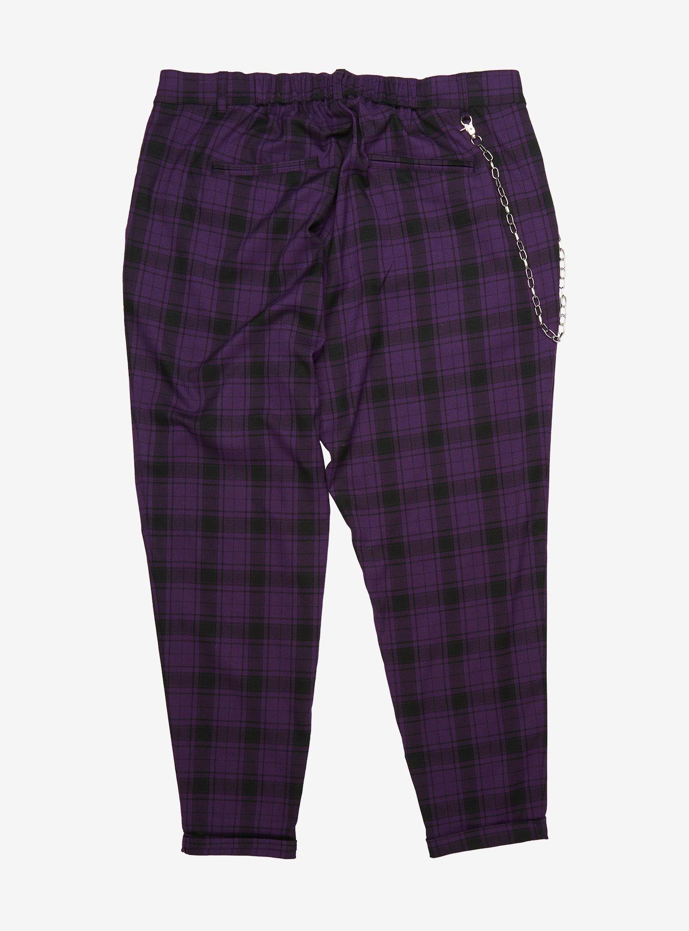 Purple Plaid Pants With Detachable Chain Plus Size, PLAID - PURPLE, alternate