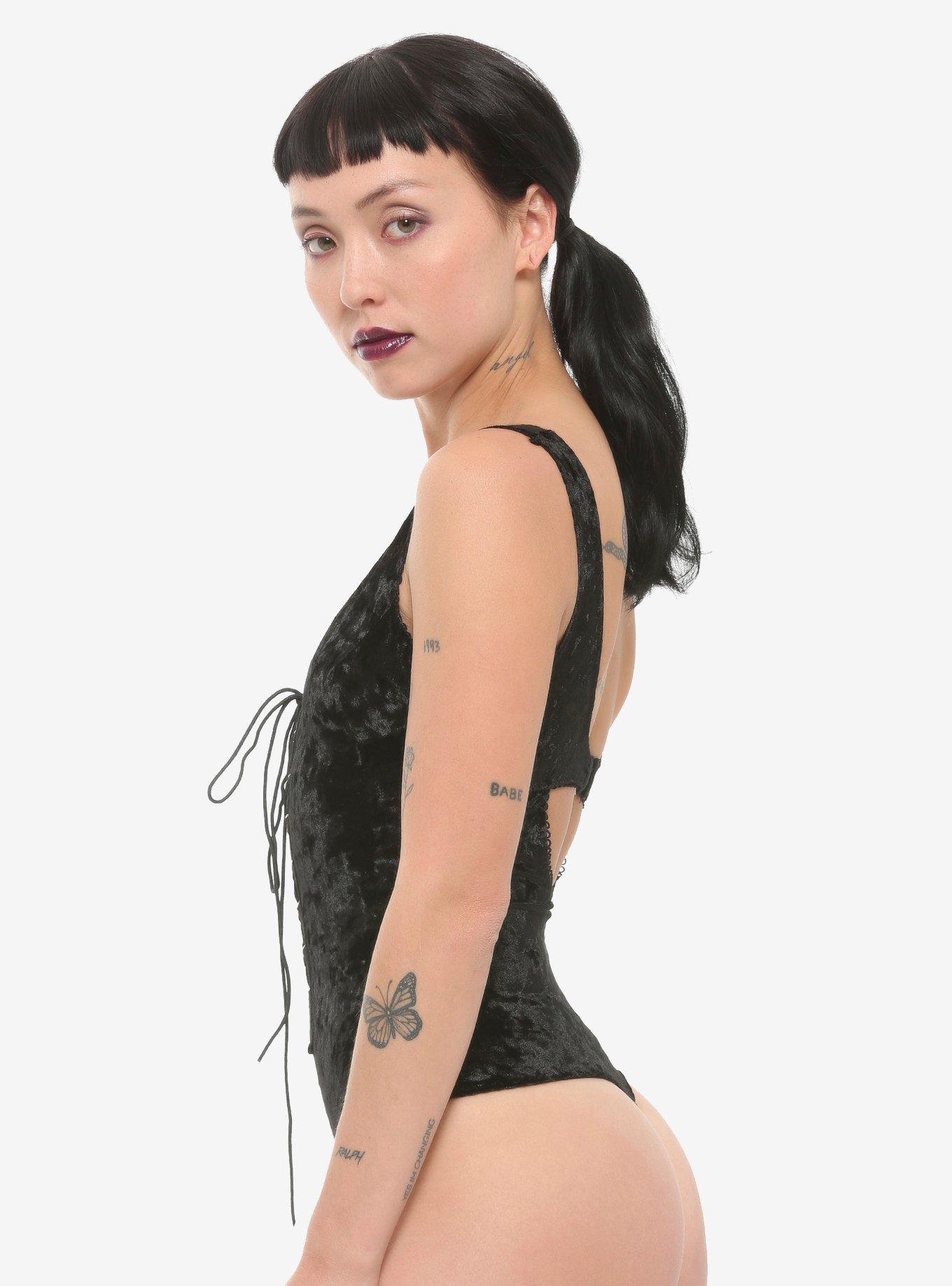 Black Velvet Lace-Up Bodysuit, BLACK, alternate