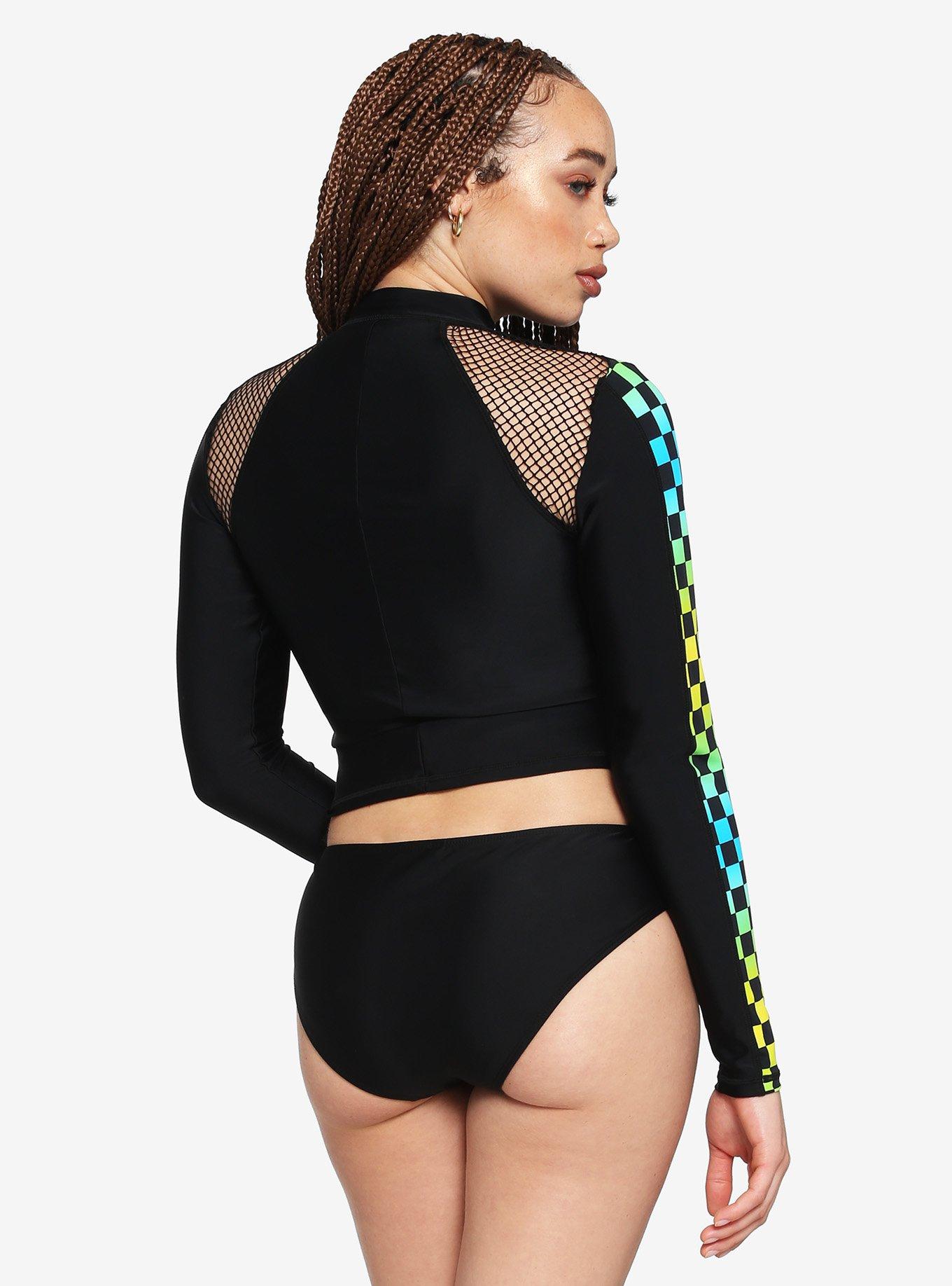 Black Neon Checkered Fishnet Zip-Up Girls Rash Guard, BLACK, alternate