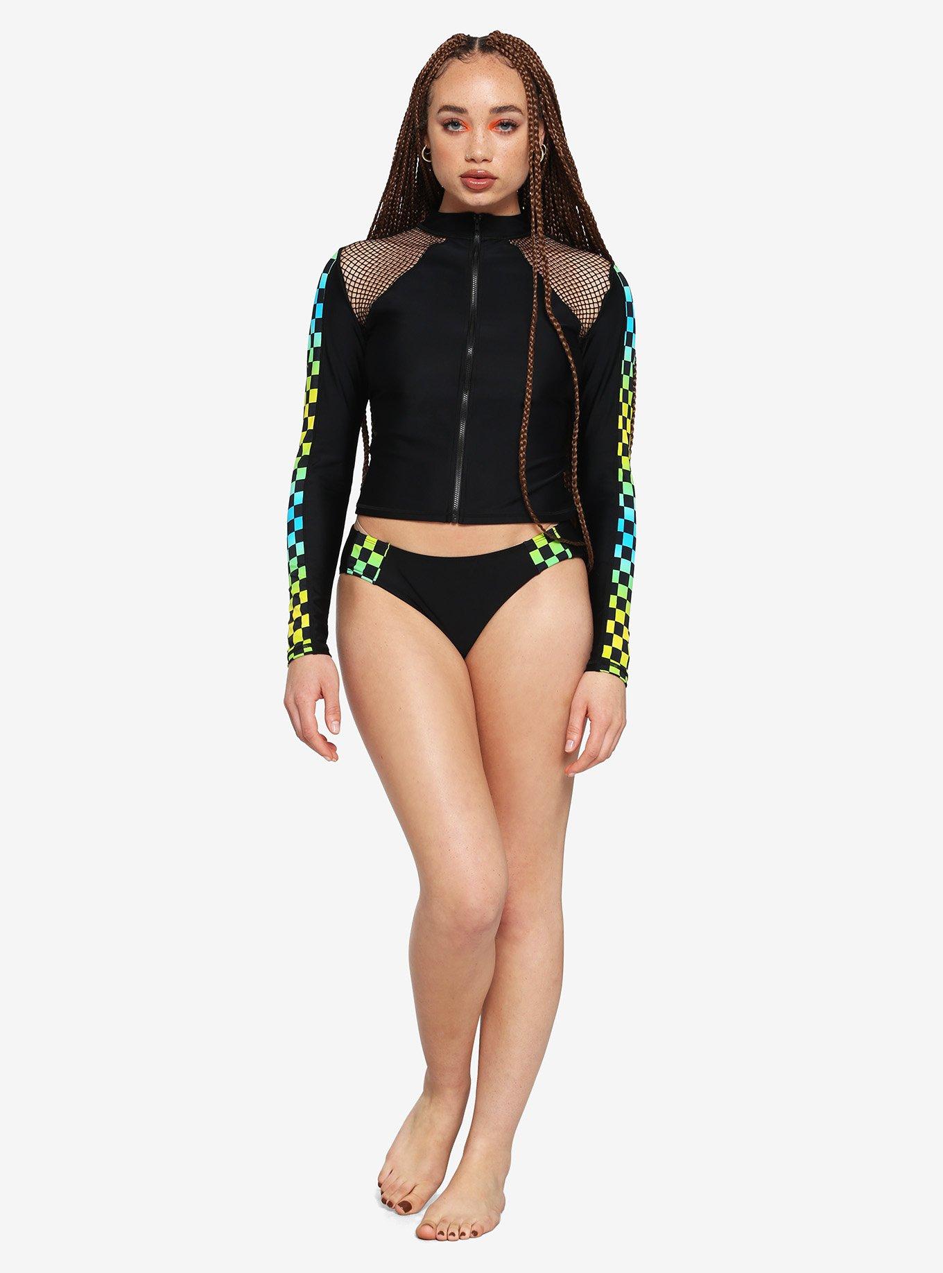 Black Neon Checkered Fishnet Zip-Up Girls Rash Guard, BLACK, alternate