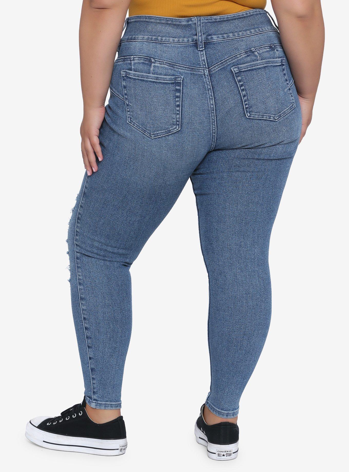 HT Denim Ripped & Repaired Hi-Rise Super Skinny Jeans Plus Size, INDIGO, alternate