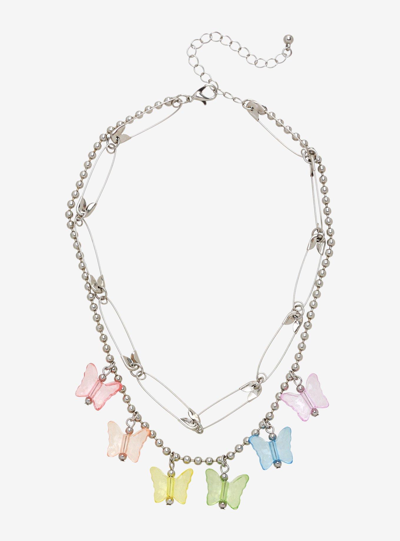 Rainbow Butterflies & Safety Pin Layered Choker, , alternate