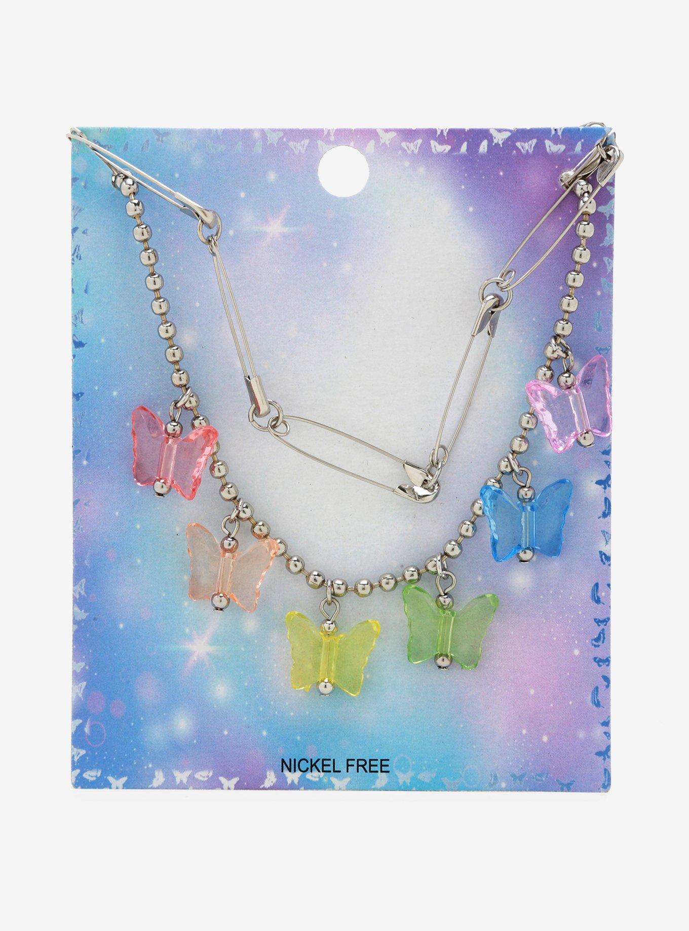 Rainbow Butterflies & Safety Pin Layered Choker, , alternate