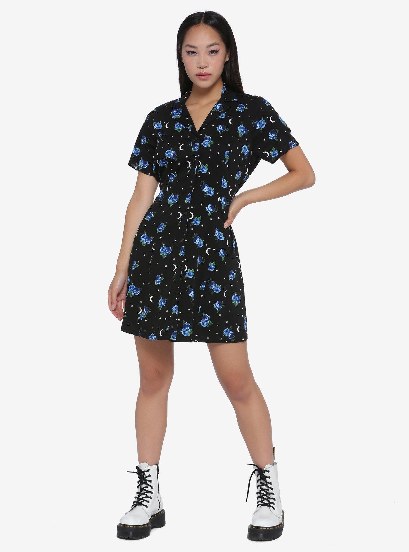 Blue Rose & Moon Button-Front Dress, BLUE, alternate