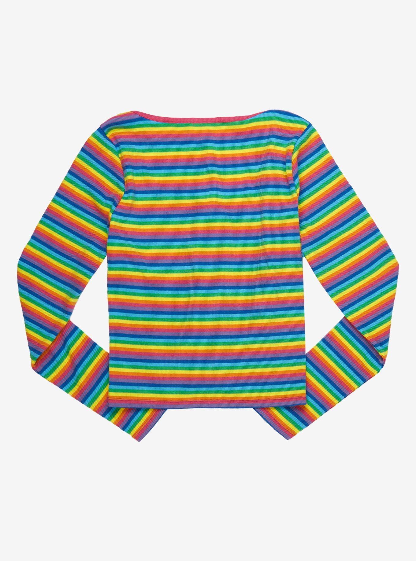 Rainbow Stripe Girls Ribbed Long-Sleeve T-Shirt, RAINBOW, alternate