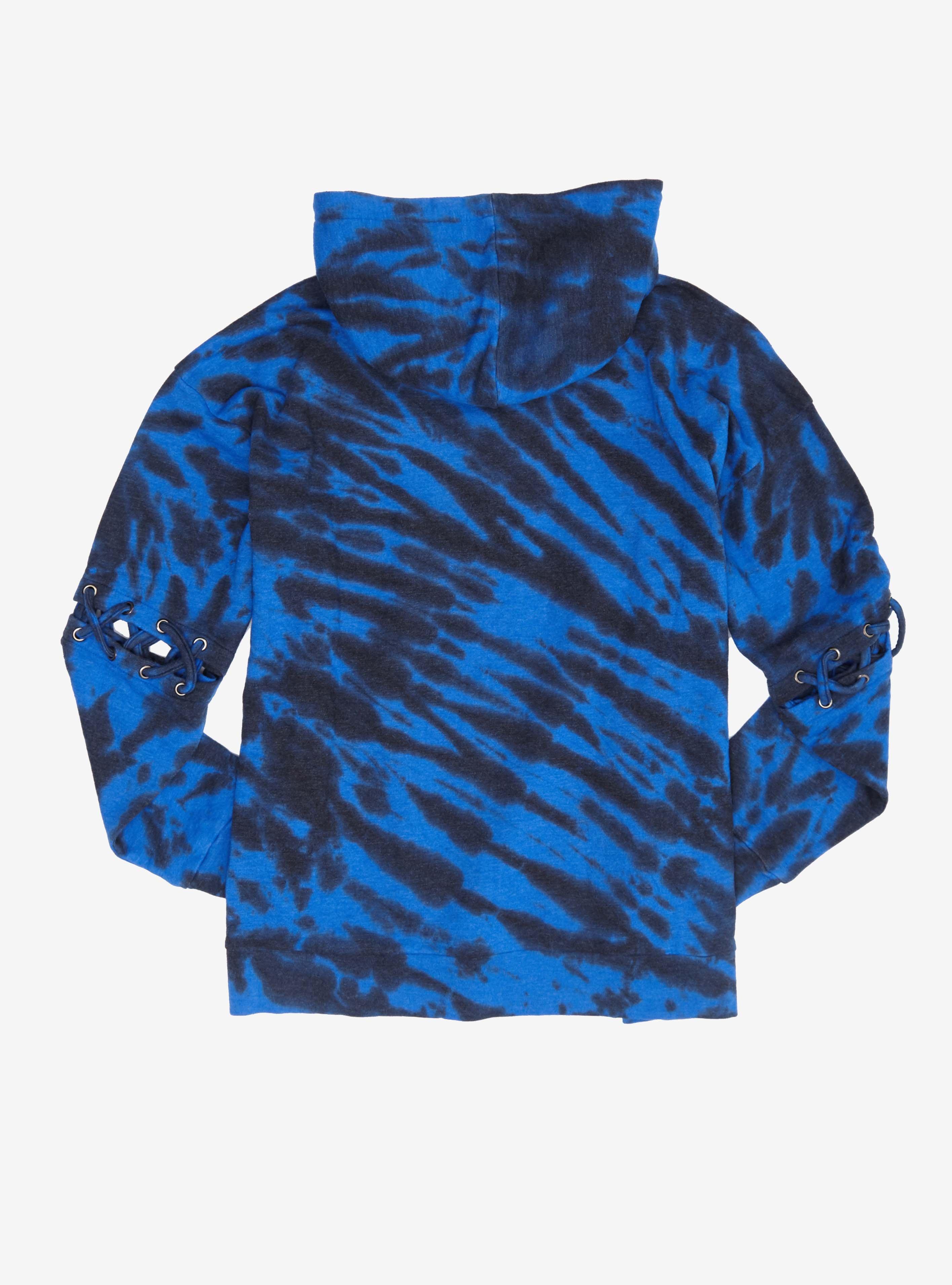 Blue & Black Lace-Up Sleeve Tie-Dye Girls Hoodie Plus Size, BLACK, alternate