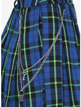 Blue & Green Plaid Pleated Chain Skirt, , hi-res