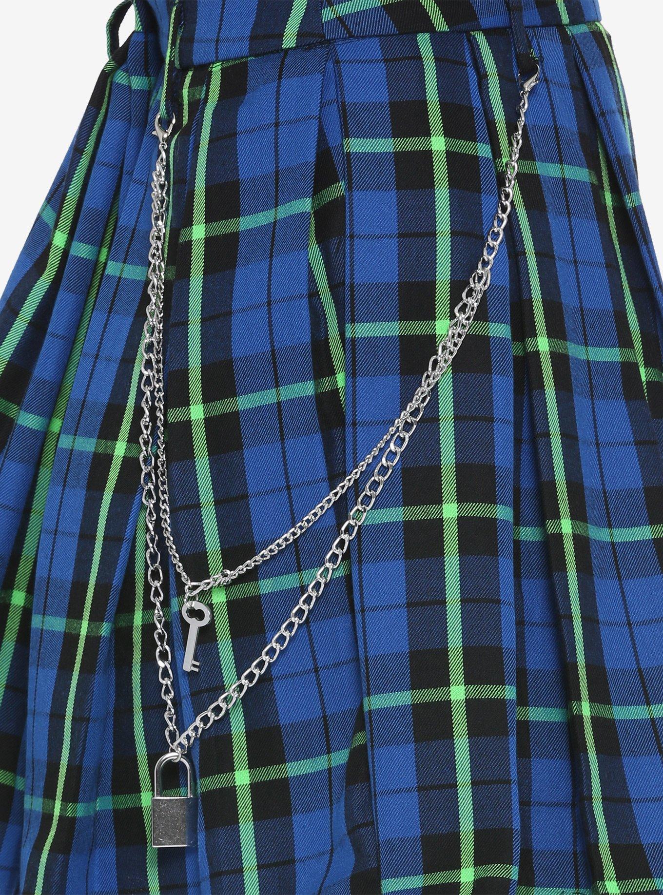 Blue & Green Plaid Pleated Chain Skirt, PLAID, alternate
