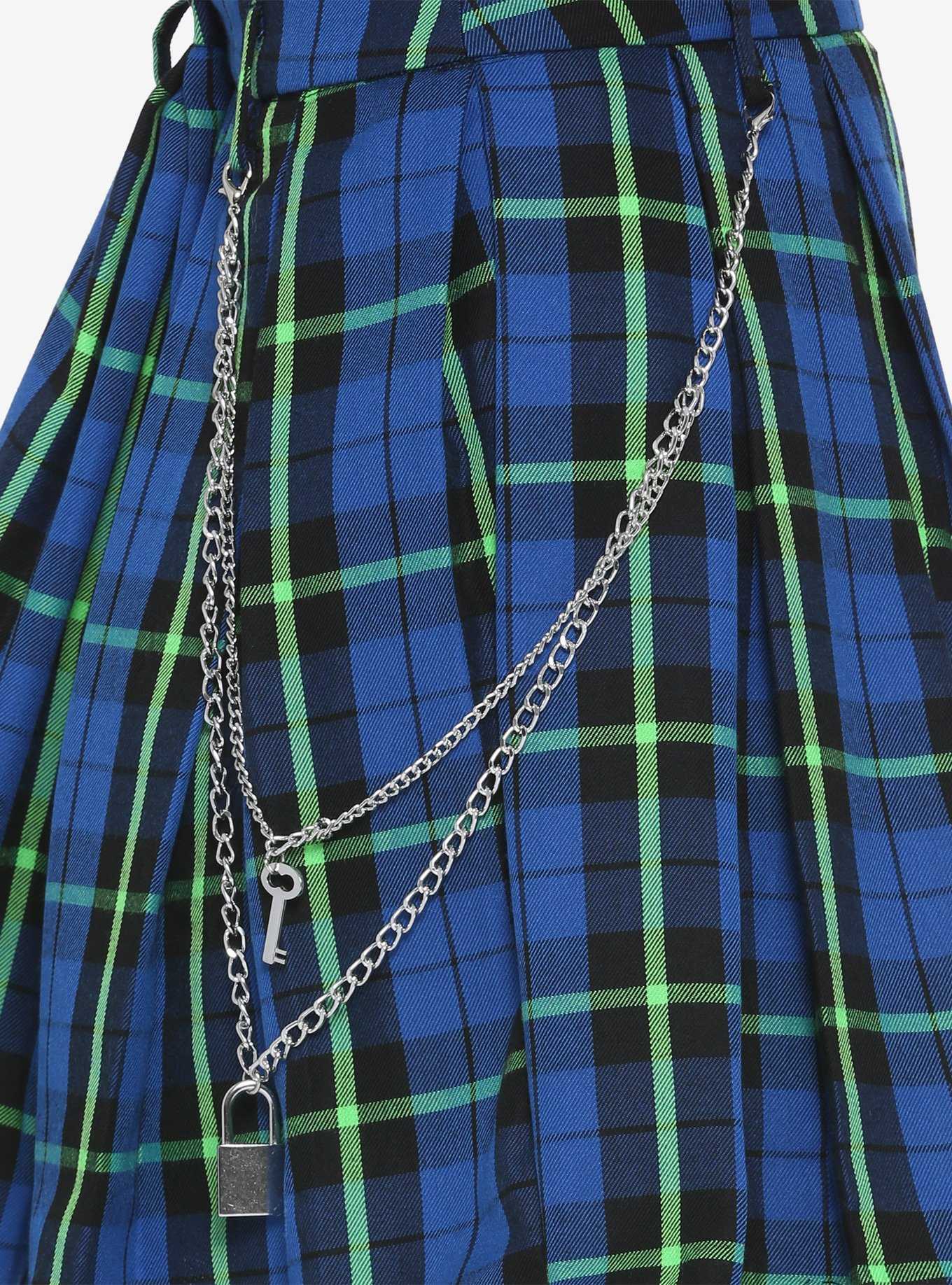 Blue & Green Plaid Pleated Chain Skirt, , hi-res