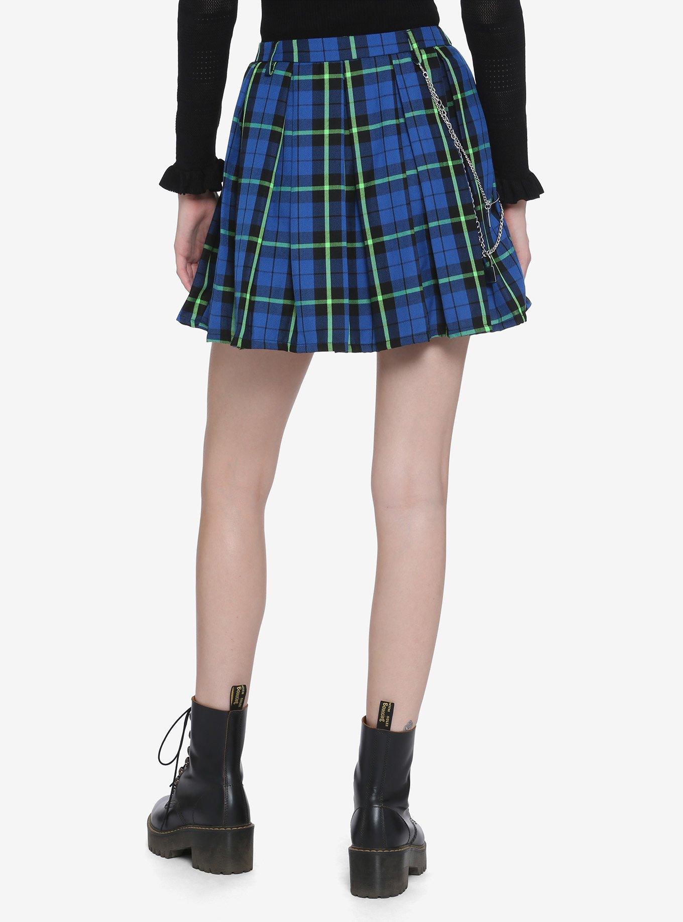 Blue & Green Plaid Pleated Chain Skirt, PLAID, alternate