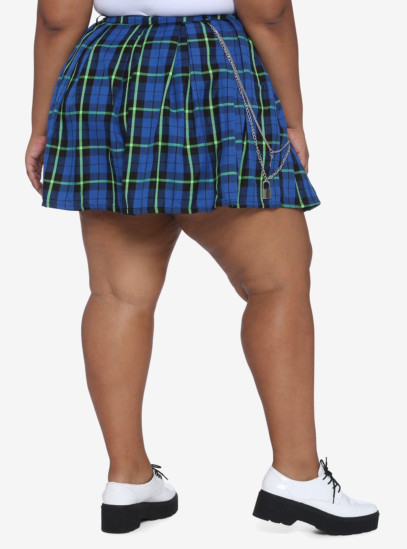 Blue Green Plaid Pleated Chain Skirt Plus Size, PLAID, alternate