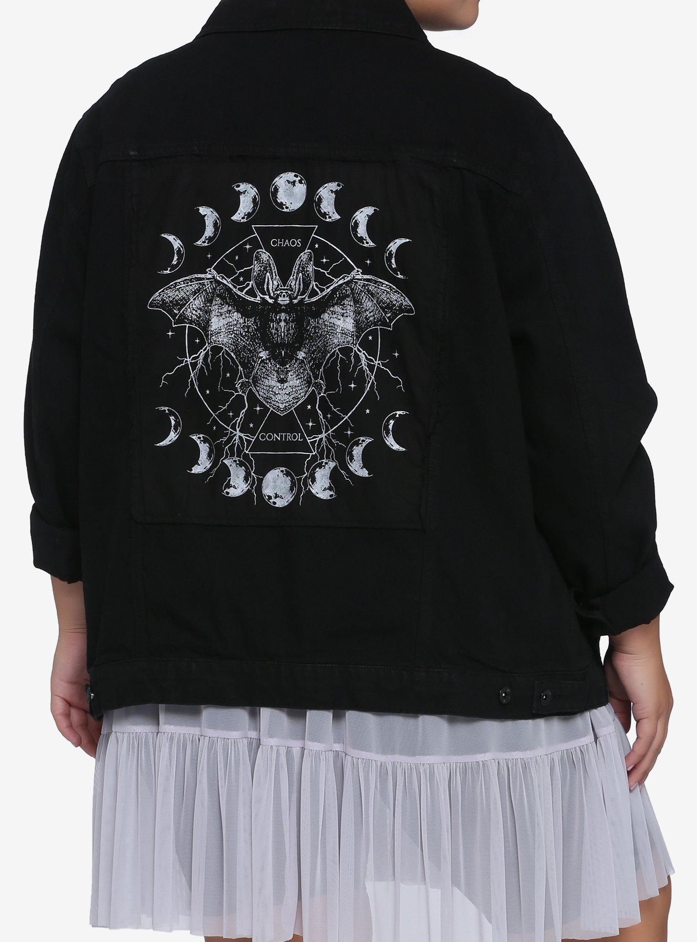 Bat & Moons Oversized Girls Denim Jacket Plus Size, WHITE, alternate