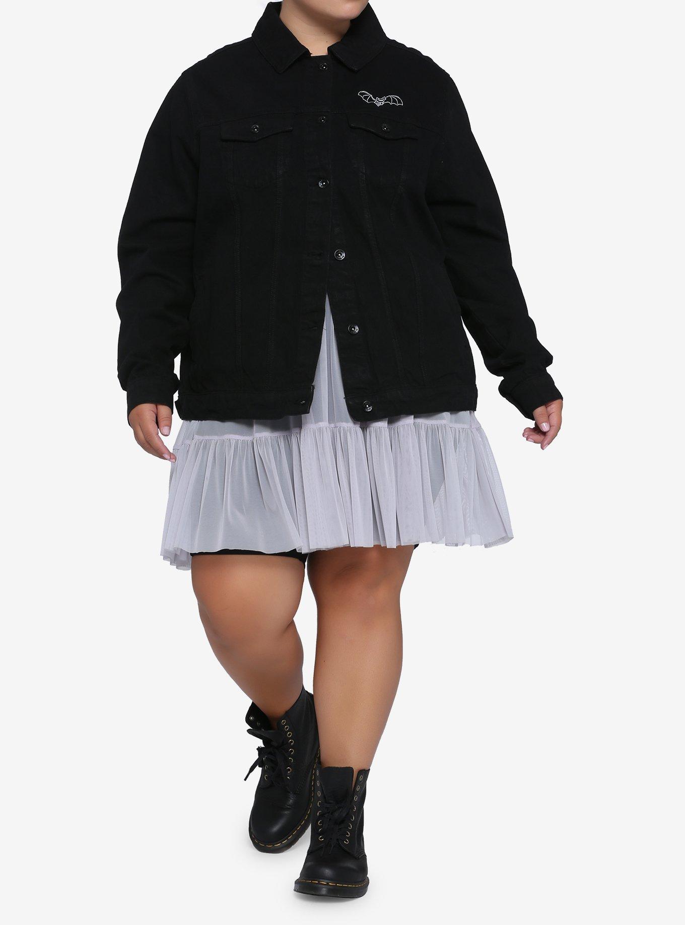 Bat & Moons Oversized Girls Denim Jacket Plus Size, WHITE, alternate