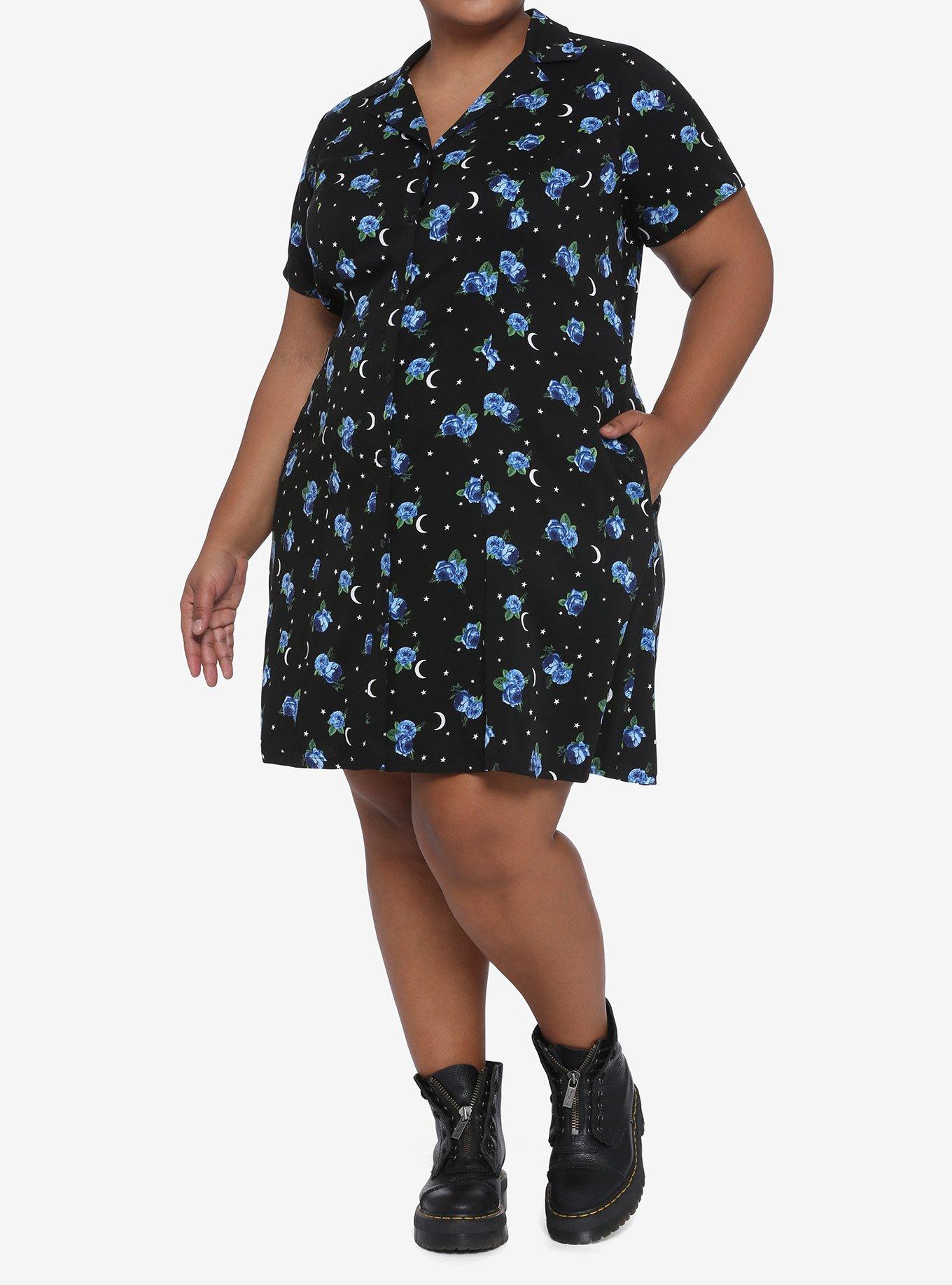 Blue Rose & Moon Button-Front Dress Plus Size, BLUE, alternate