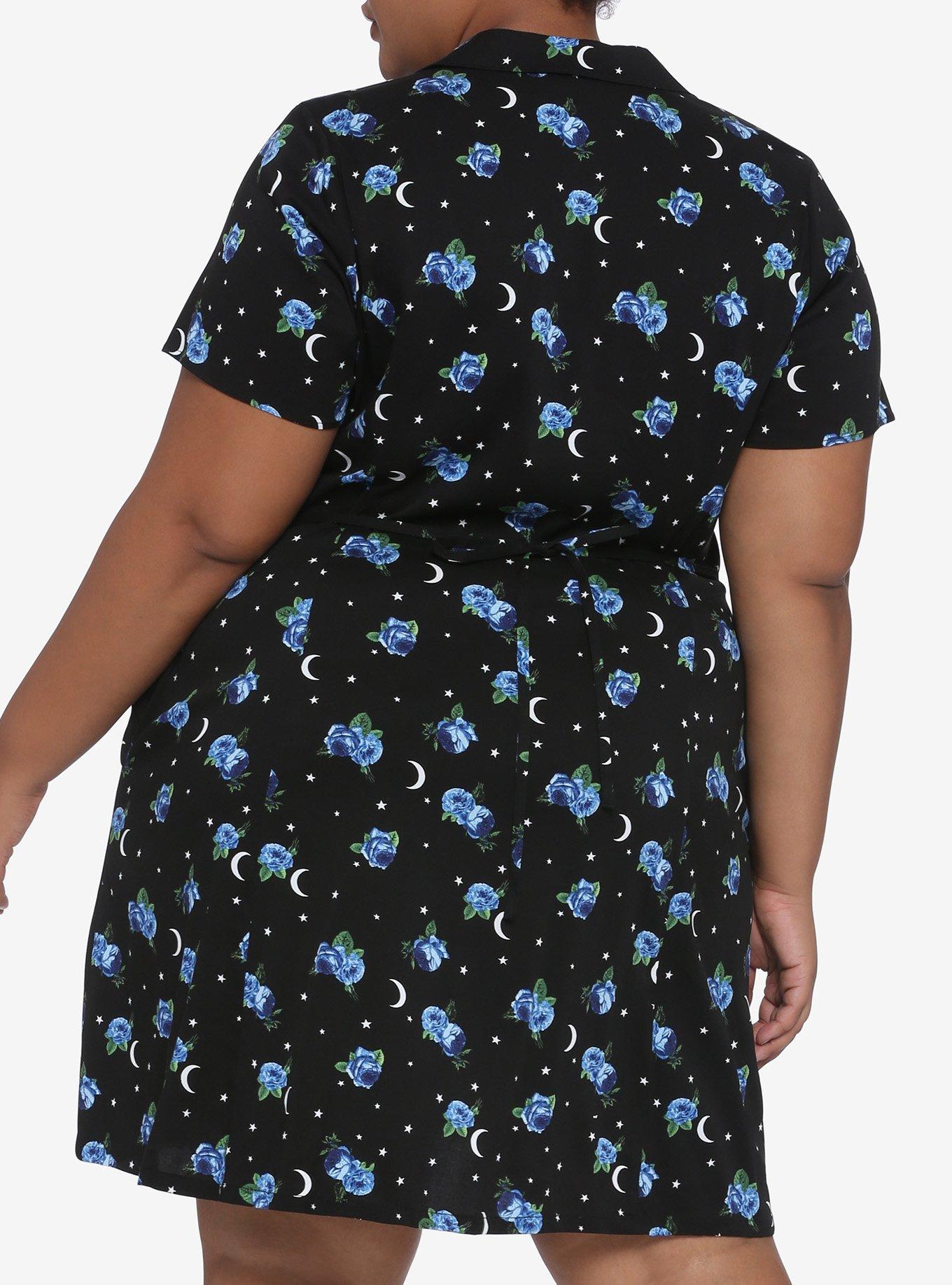 Blue Rose & Moon Button-Front Dress Plus Size, BLUE, alternate