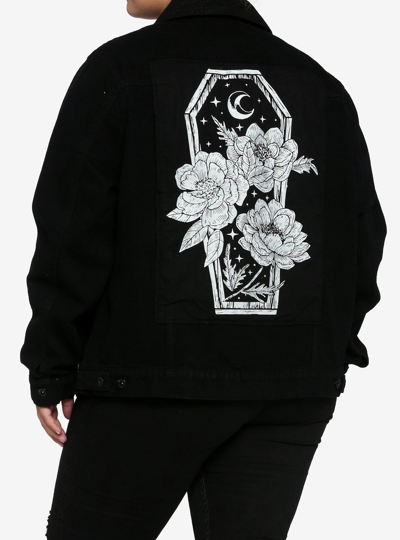 Floral Coffin Girls Denim Jacket Plus Size, WHITE, alternate