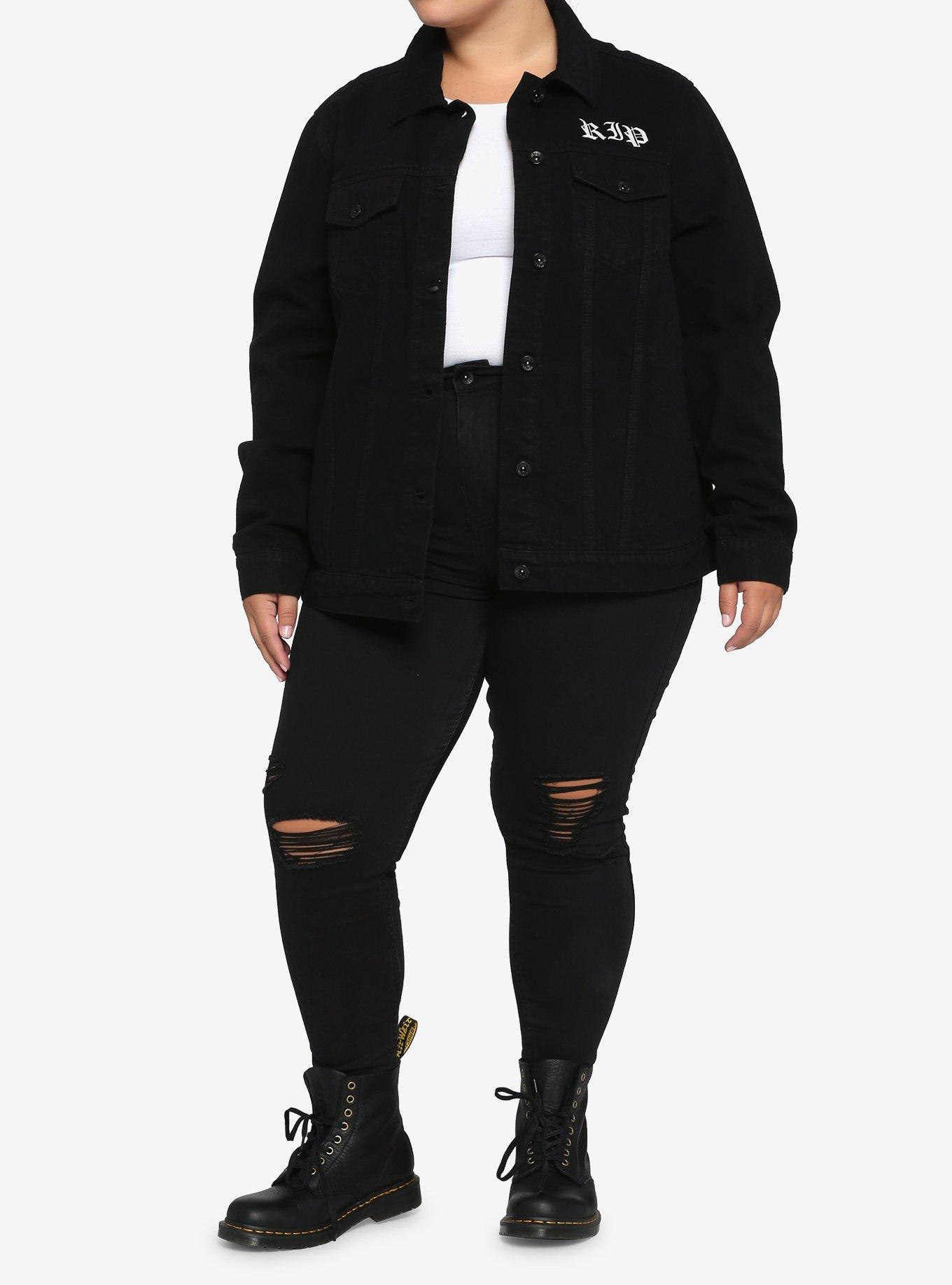Floral Coffin Girls Denim Jacket Plus Size, WHITE, alternate