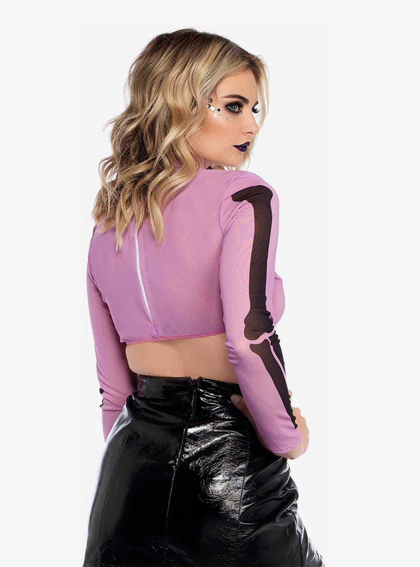 Skeleton Purple And Black High Neck Long Sleeve Crop Top, PURPLE  BLACK, alternate