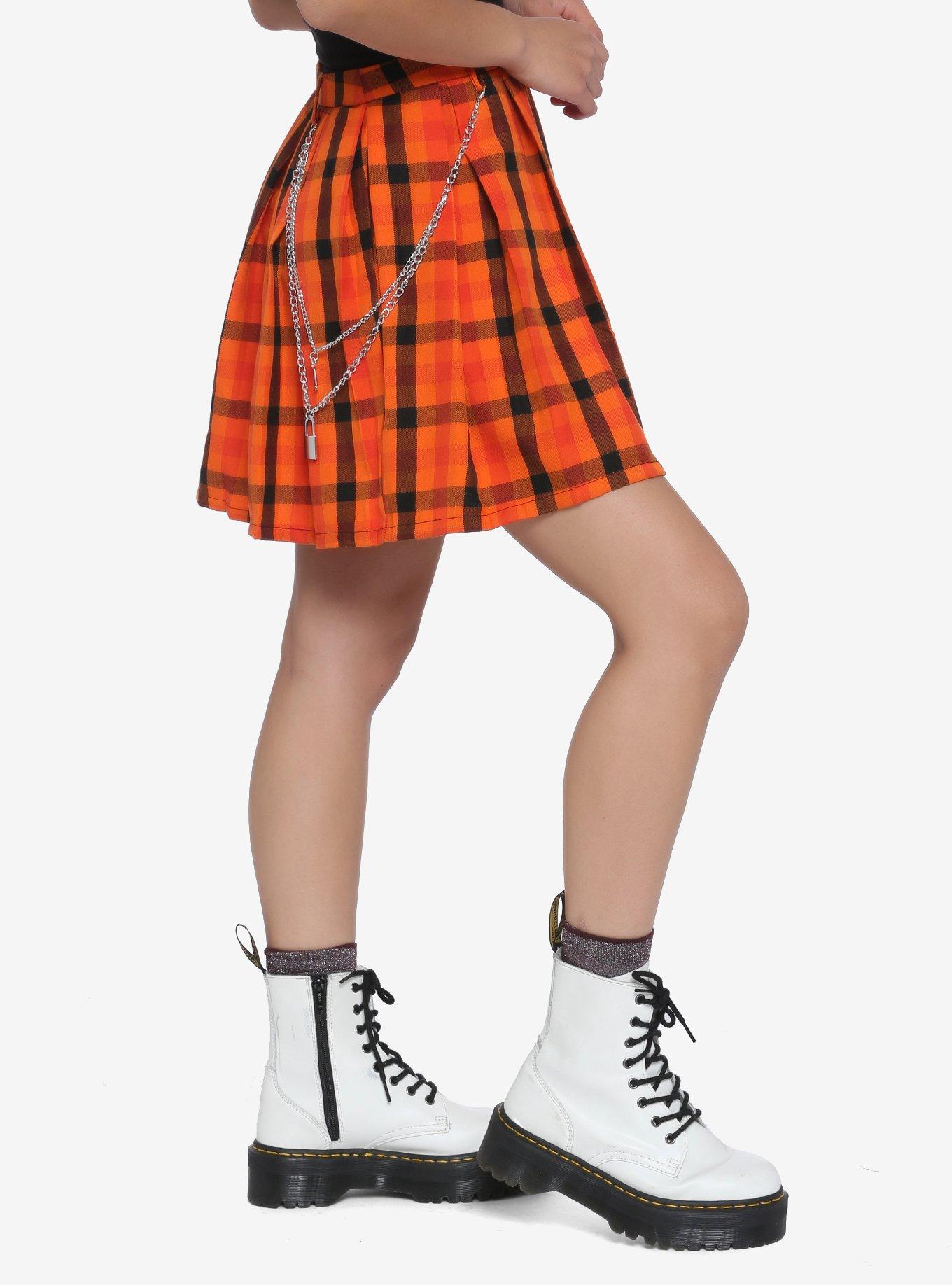 Orange Plaid Pleated Chain Skirt, PLAID, alternate