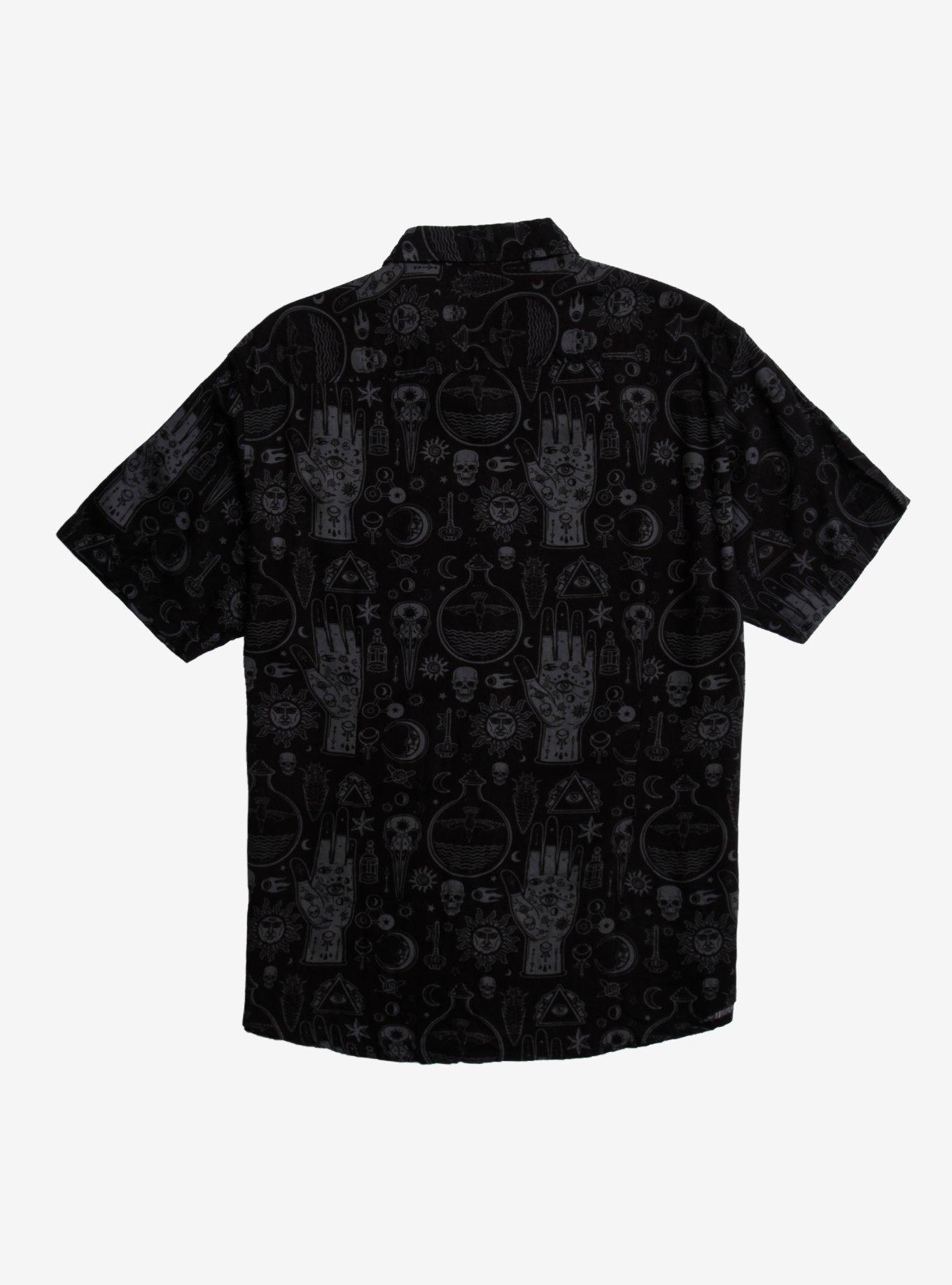Black & Grey Alchemy Symbols Woven Button-Up, GREY, alternate