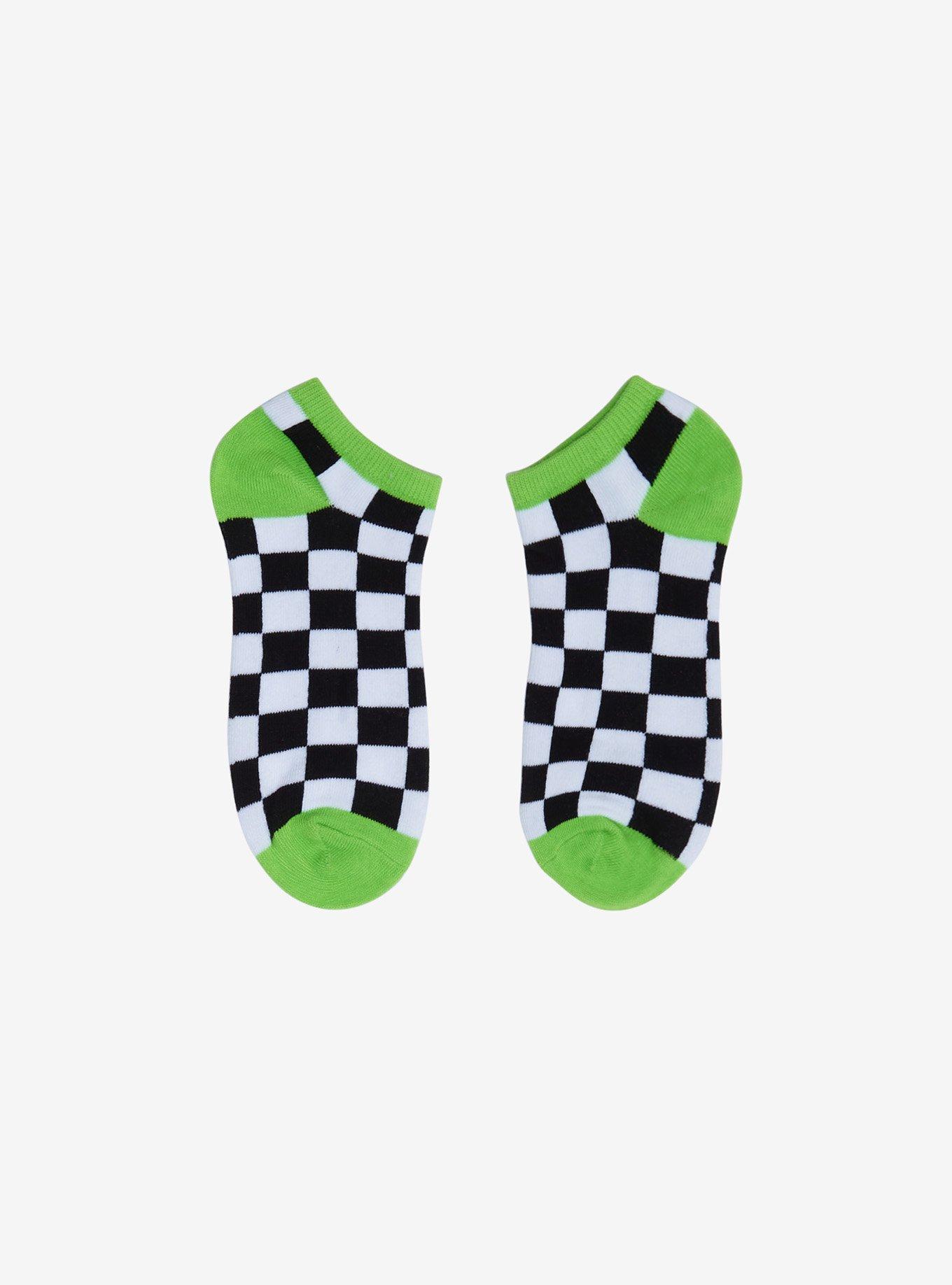 Checkered & Neon Green No-Show Socks, , alternate