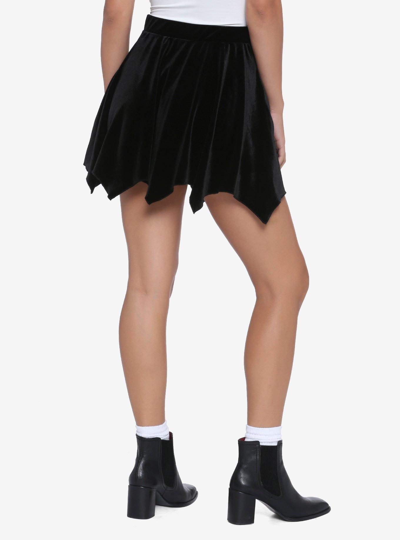 Batwing Hem Black Velvet Skirt, BLACK, alternate
