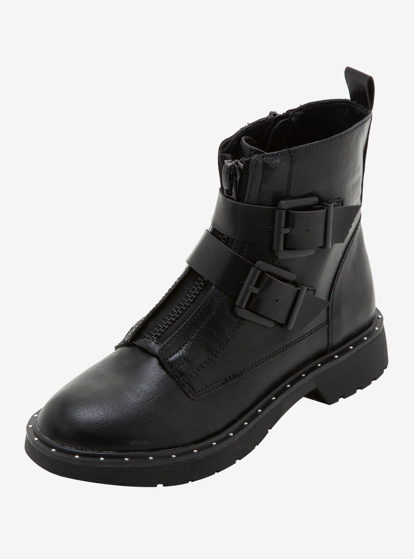 Studded & Buckled Combat Boots, BLACK, alternate