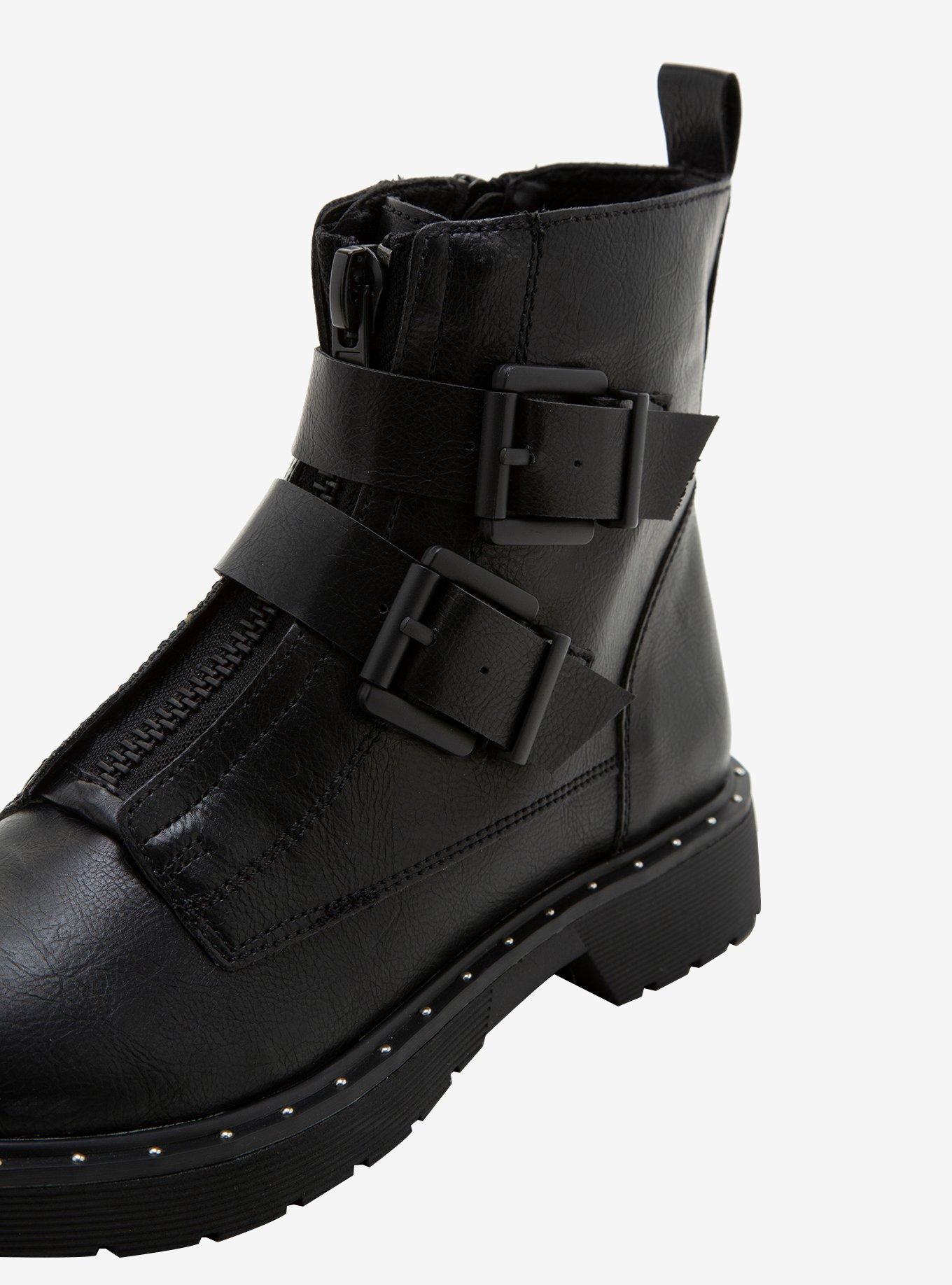 Studded & Buckled Combat Boots, BLACK, alternate