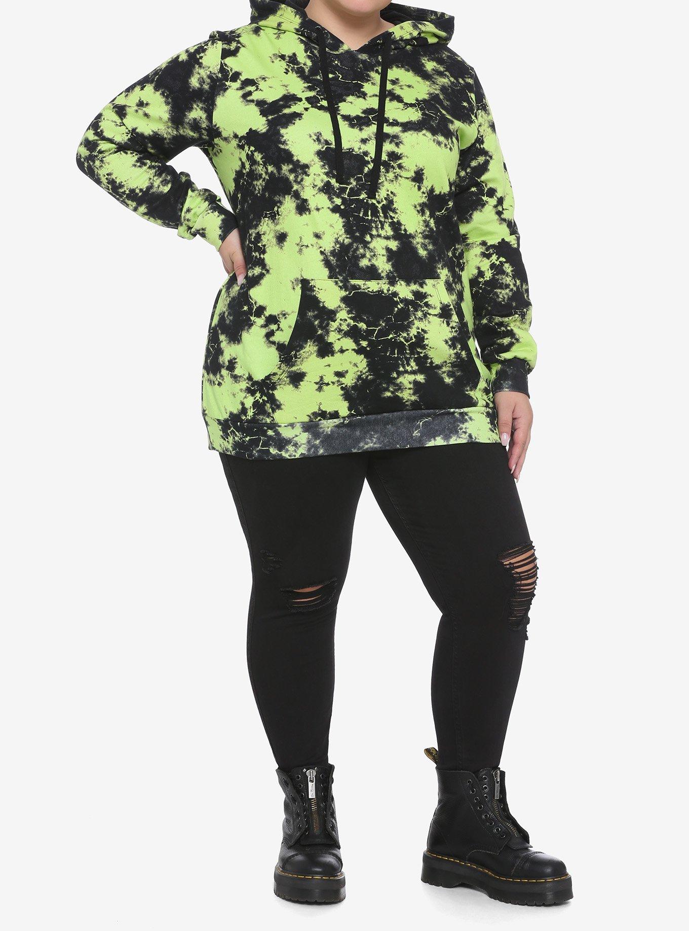 Black & Green Tie-Dye Girls Hoodie Plus Size, NEON GREEN  BLACK, alternate