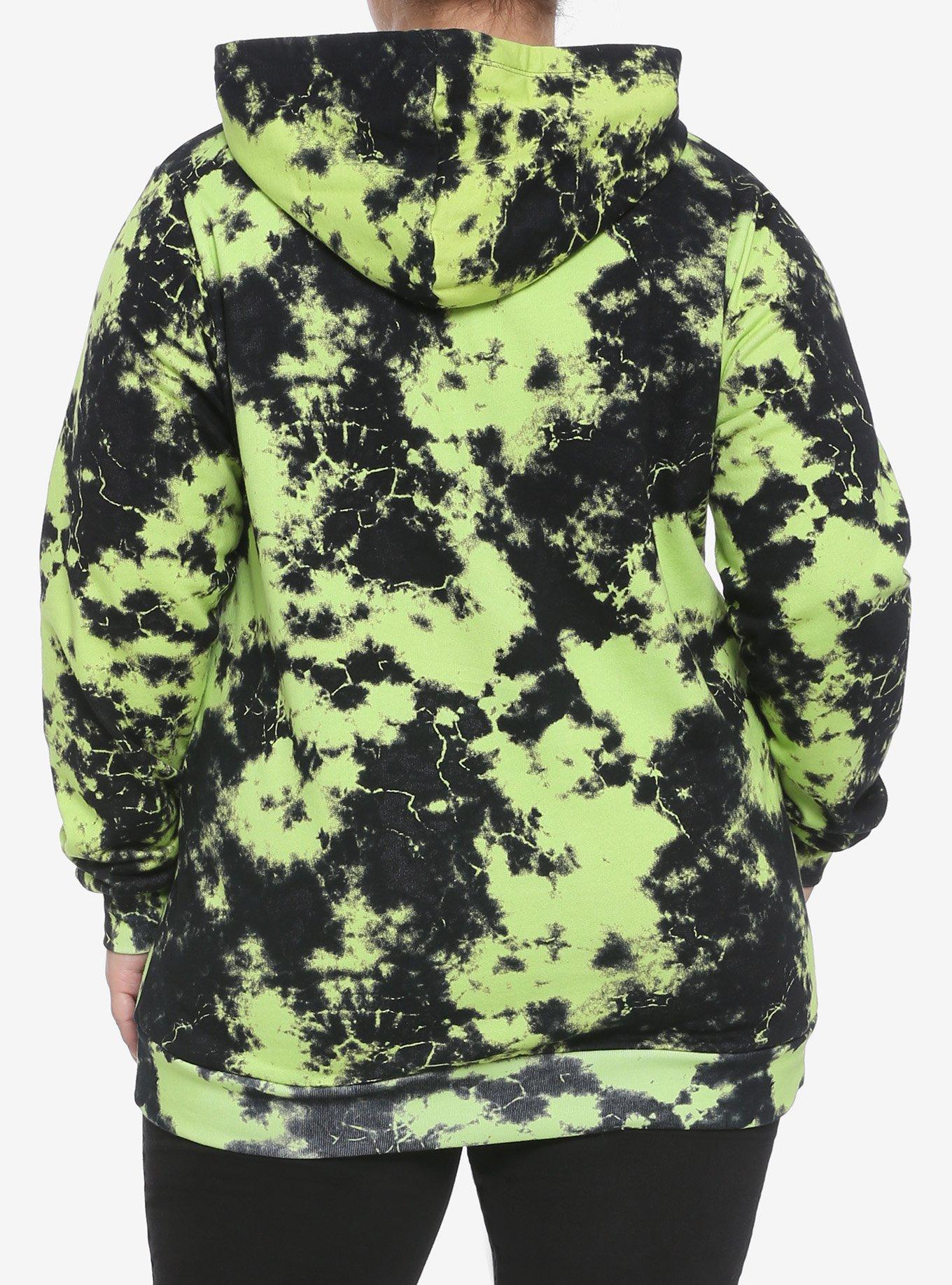 Black & Green Tie-Dye Girls Hoodie Plus Size, NEON GREEN  BLACK, alternate