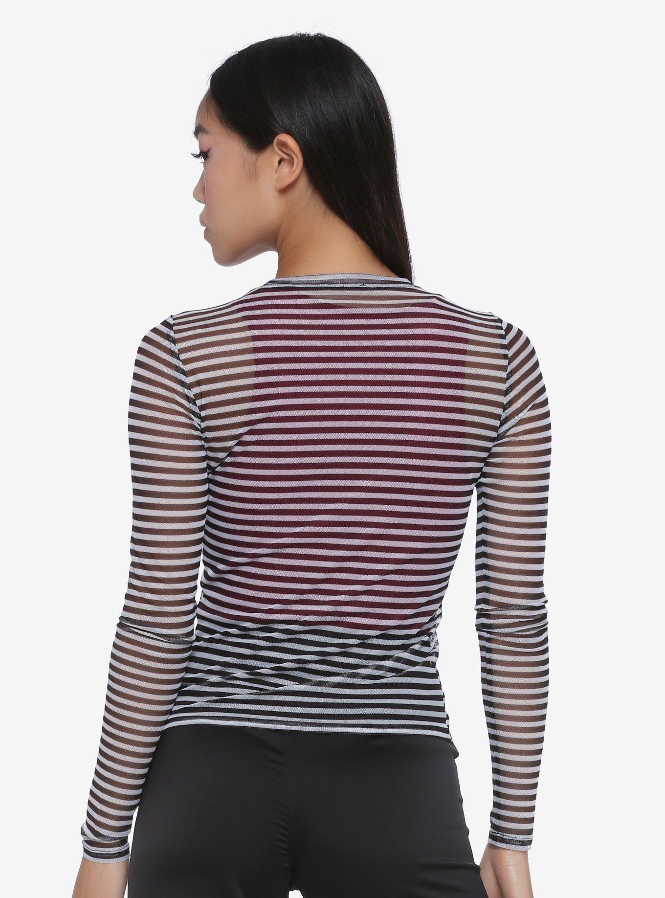 Black & White Stripe Mesh Girls Long-Sleeve Top, WHITE, alternate
