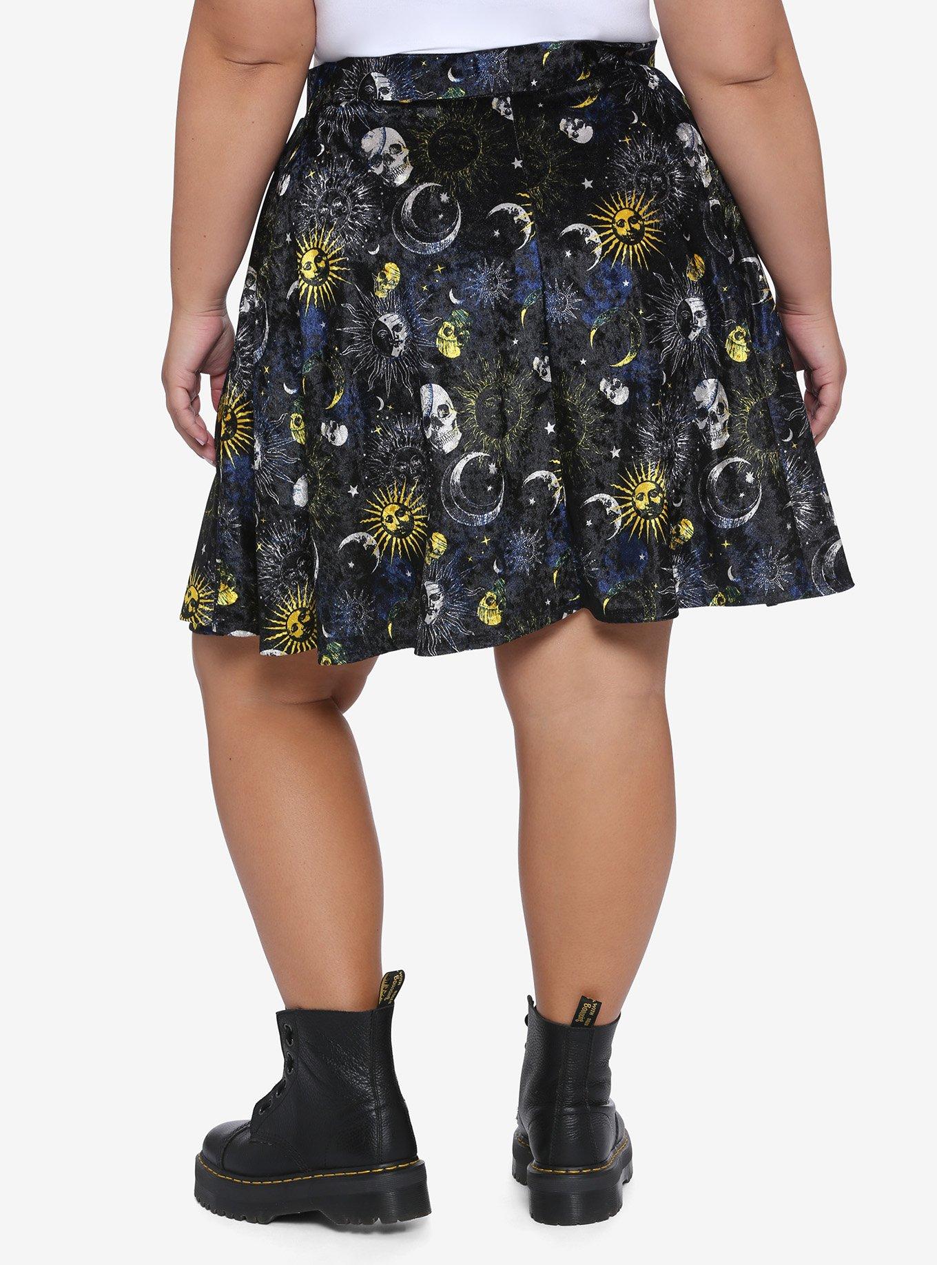 Celestial Skulls Velvet Skater Skirt Plus Size, PURPLE, alternate