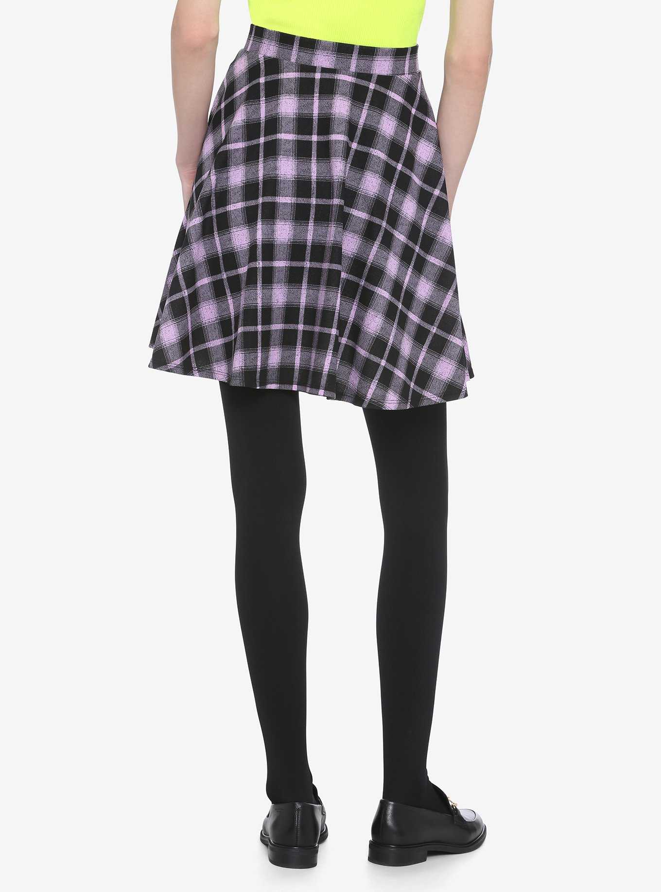 Black & Purple Plaid O-Ring Skater Skirt, , hi-res
