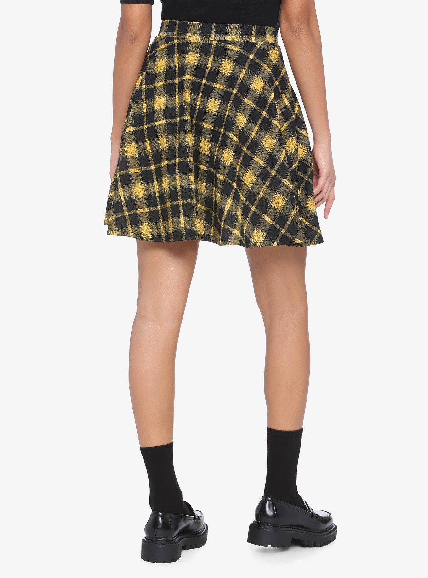 Yellow & Black Plaid O-Ring Skater Skirt, PLAID - YELLOW, alternate