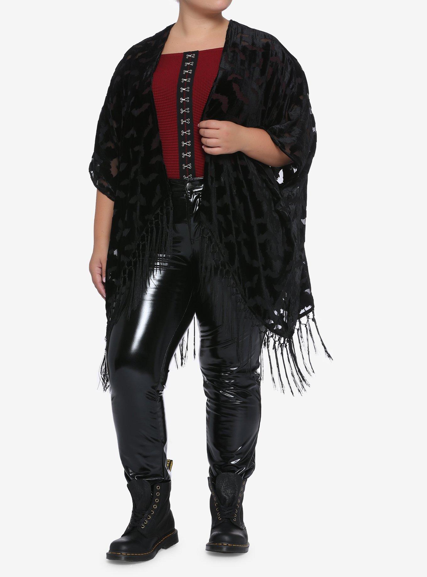 Bats Burnout Black Velvet Kimono Plus Size, BLACK, alternate