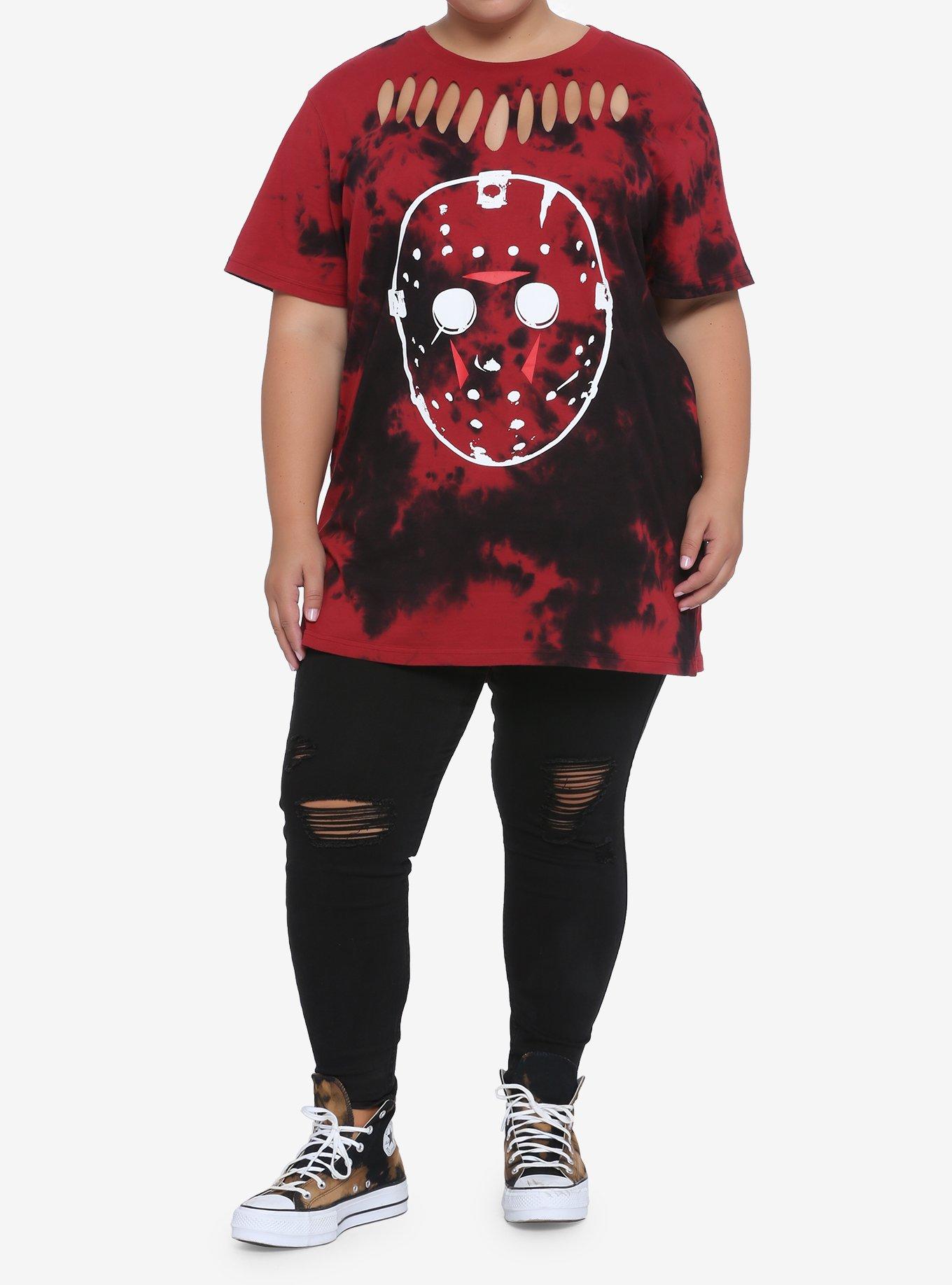 Friday The 13th Mask Slashed Tie-Dye Girls T-Shirt Plus Size, RED, alternate