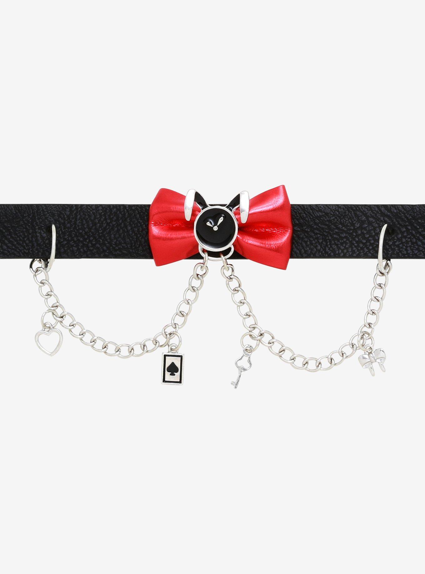 Alice In Wonderland Bunny & Bow Chain Faux Leather Choker, , alternate