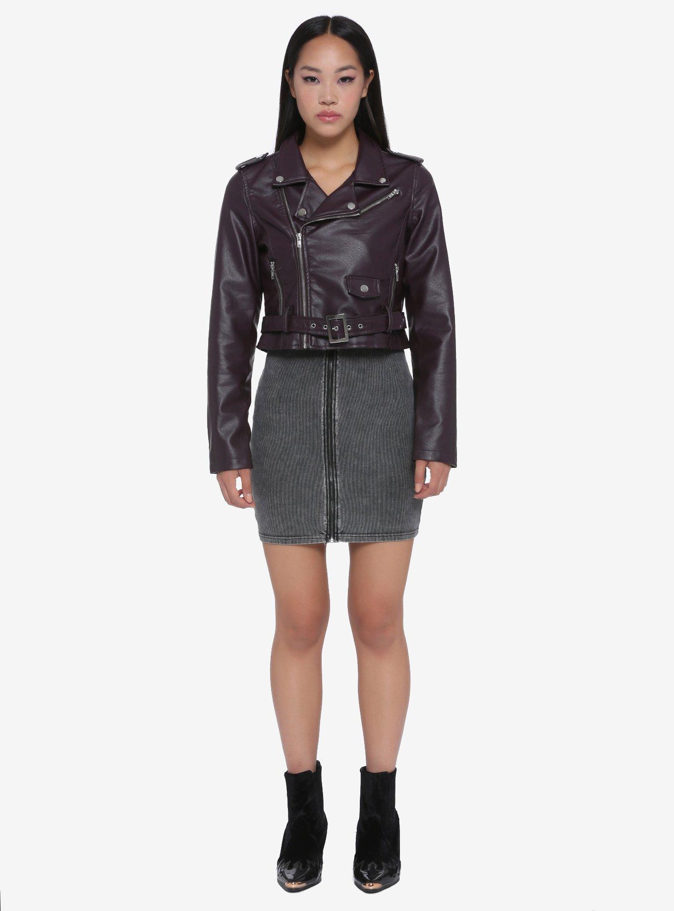 Dark Purple Moto Girls Faux Leather Jacket, BURGUNDY, alternate