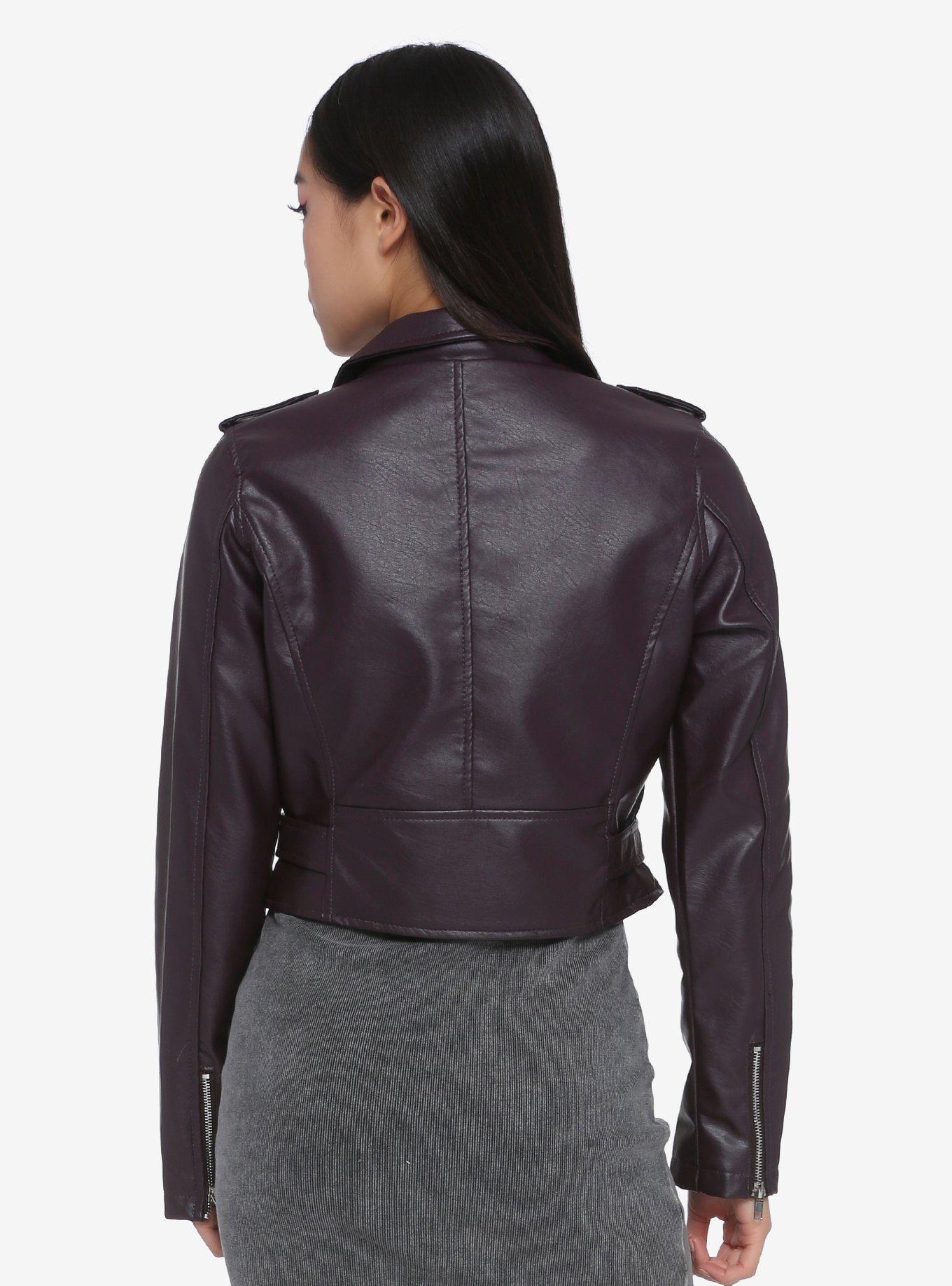 Dark Purple Moto Girls Faux Leather Jacket, BURGUNDY, alternate