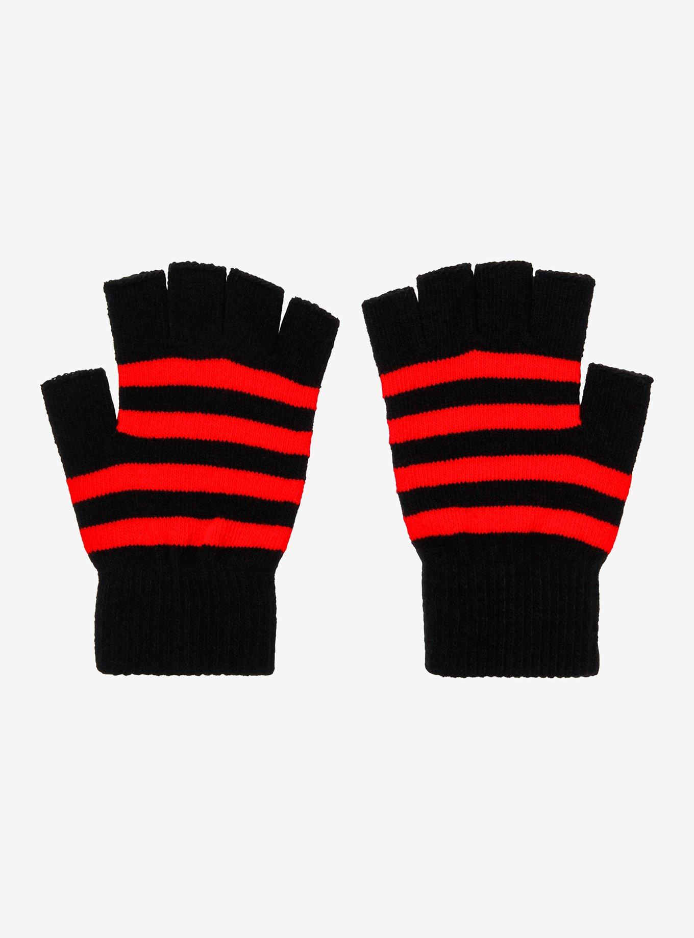 Black & Red Stripe Fingerless Gloves, , alternate