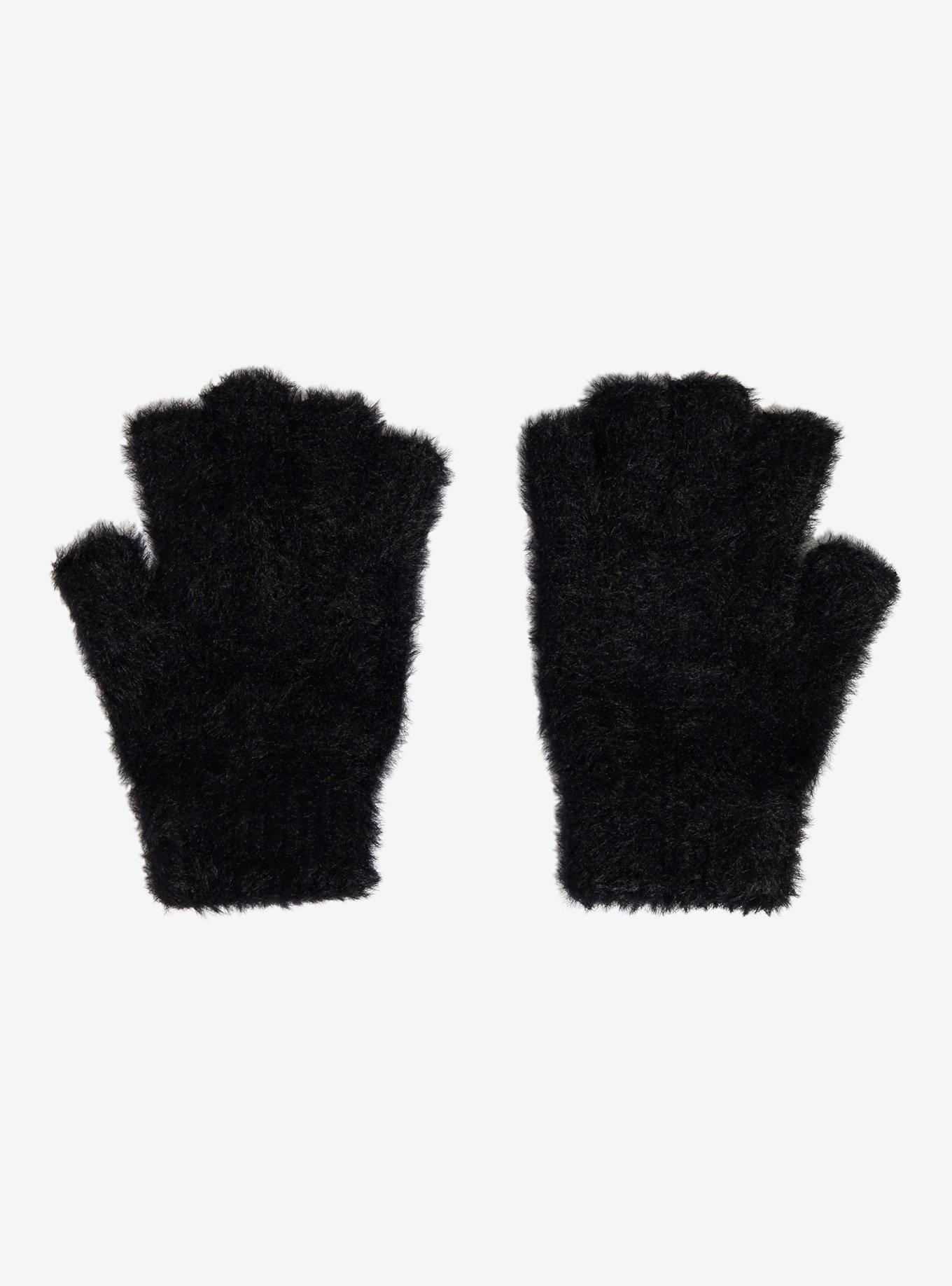 Black Fuzzy Fingerless Gloves, , alternate